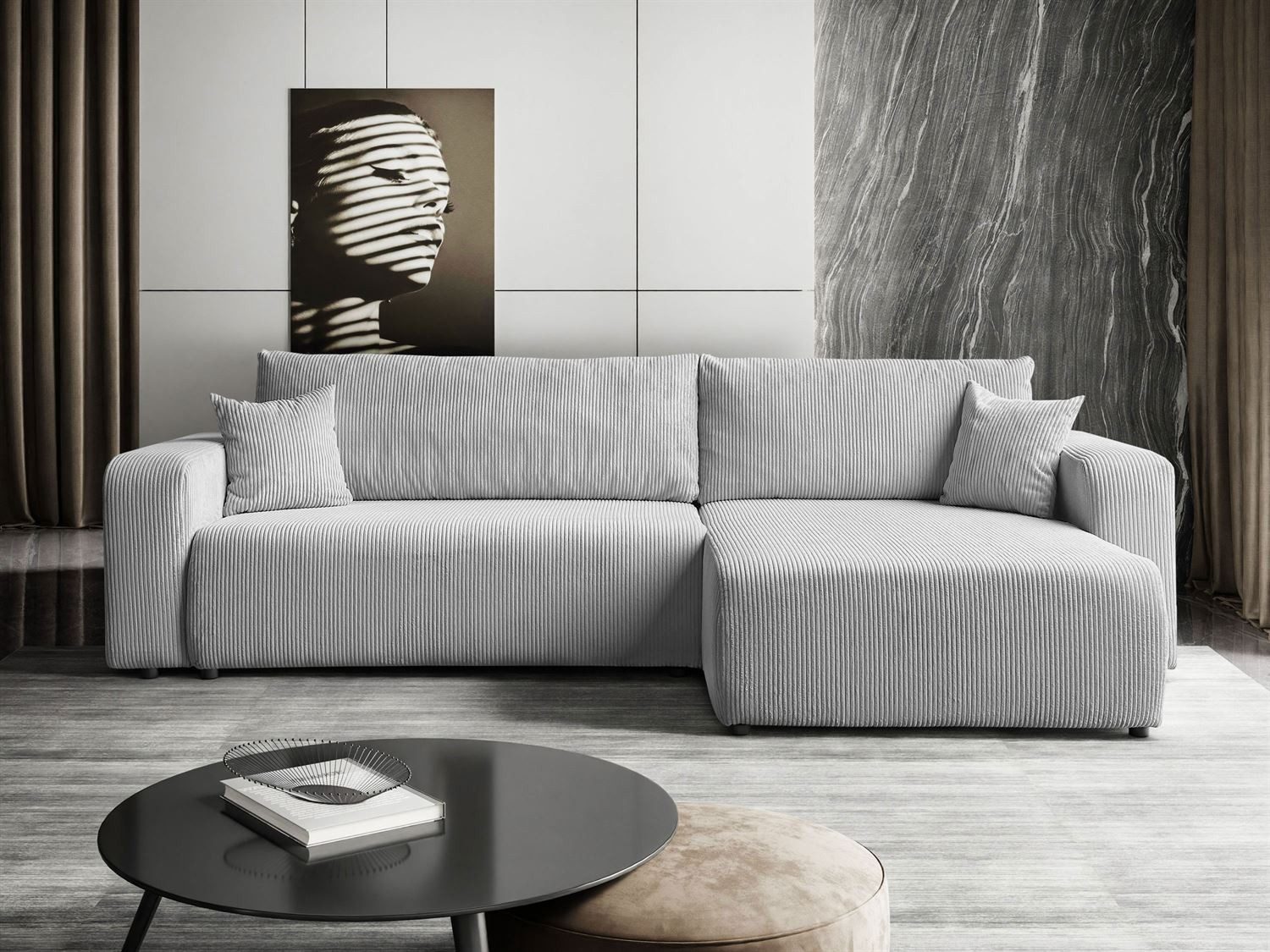 Lookway Ecksofa PRESTIGE L-Form Couch, Cord-Stoff, mit Bettfunktion und Bettkasten, Seite universal, 247/277x143x83 cm