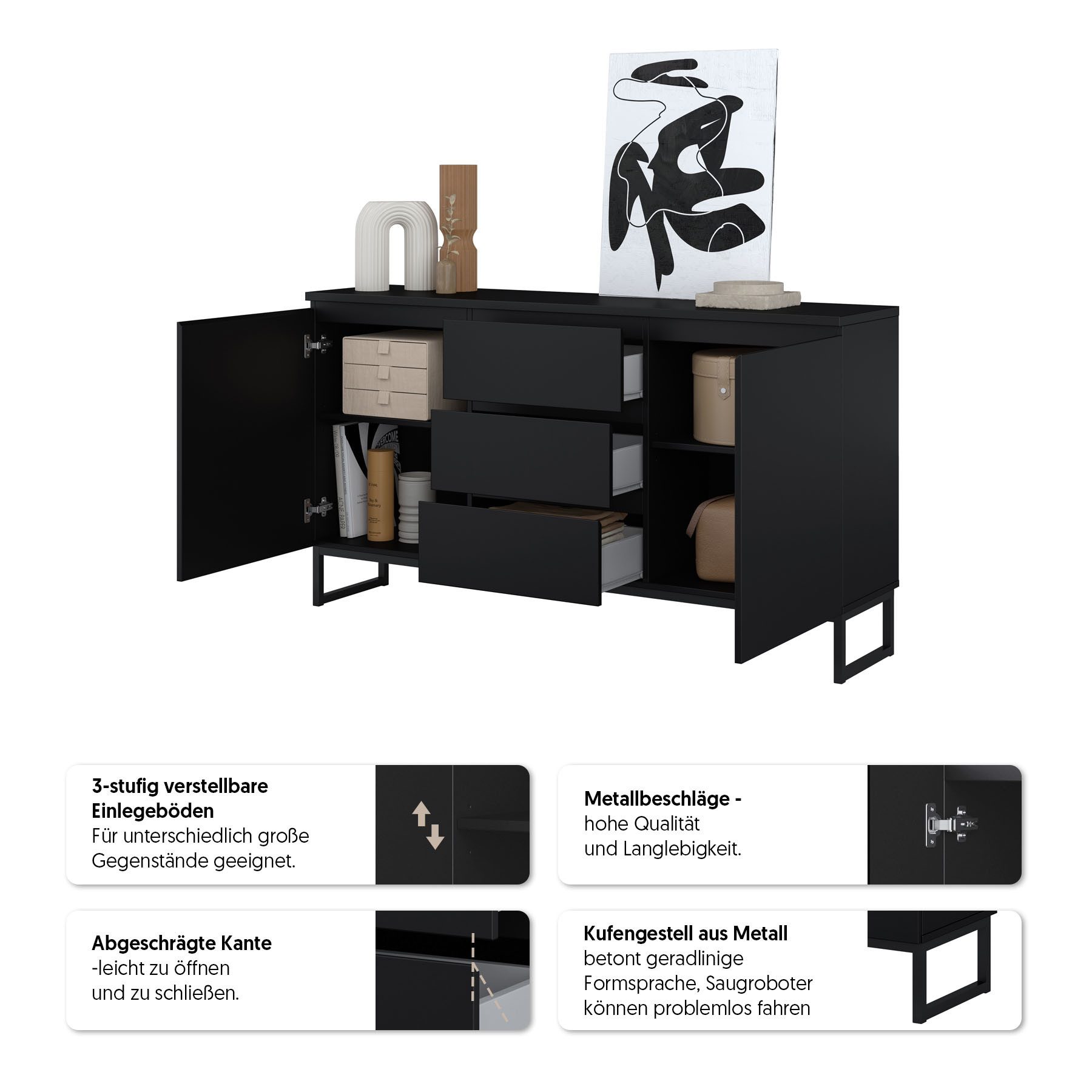 OTTO home Sideboard Modo II, Breite 150 cm, moderne grifflose Kommode 2Türen/3 SK, Schubladenkommode viel Stauraum, Einlegeböden verstellbar, Metallkufen