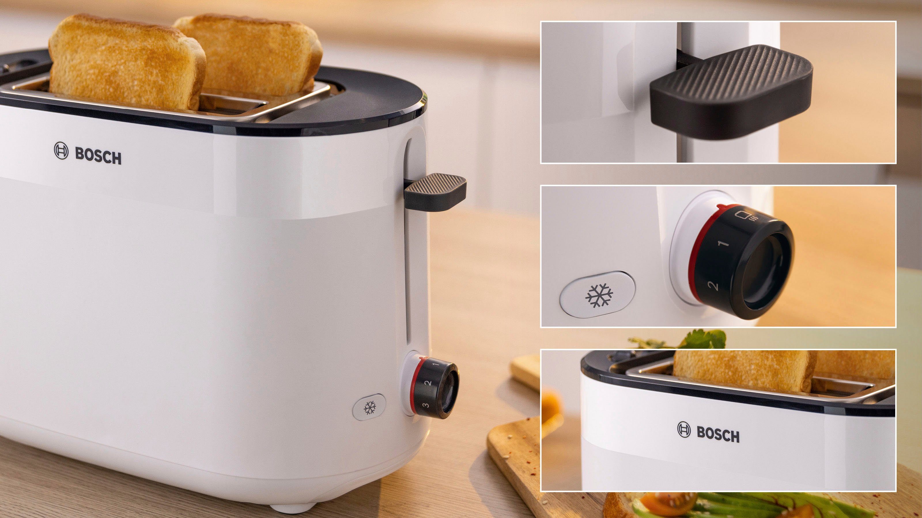 BOSCH Toaster MyMoment TAT2M121, 2 Schlitze, für 2 Scheiben, 950 W, integrierter Brötchenaufsatz, Auftaufunktion, Brotzentrierung, AutoOff – Bild 5 von 5