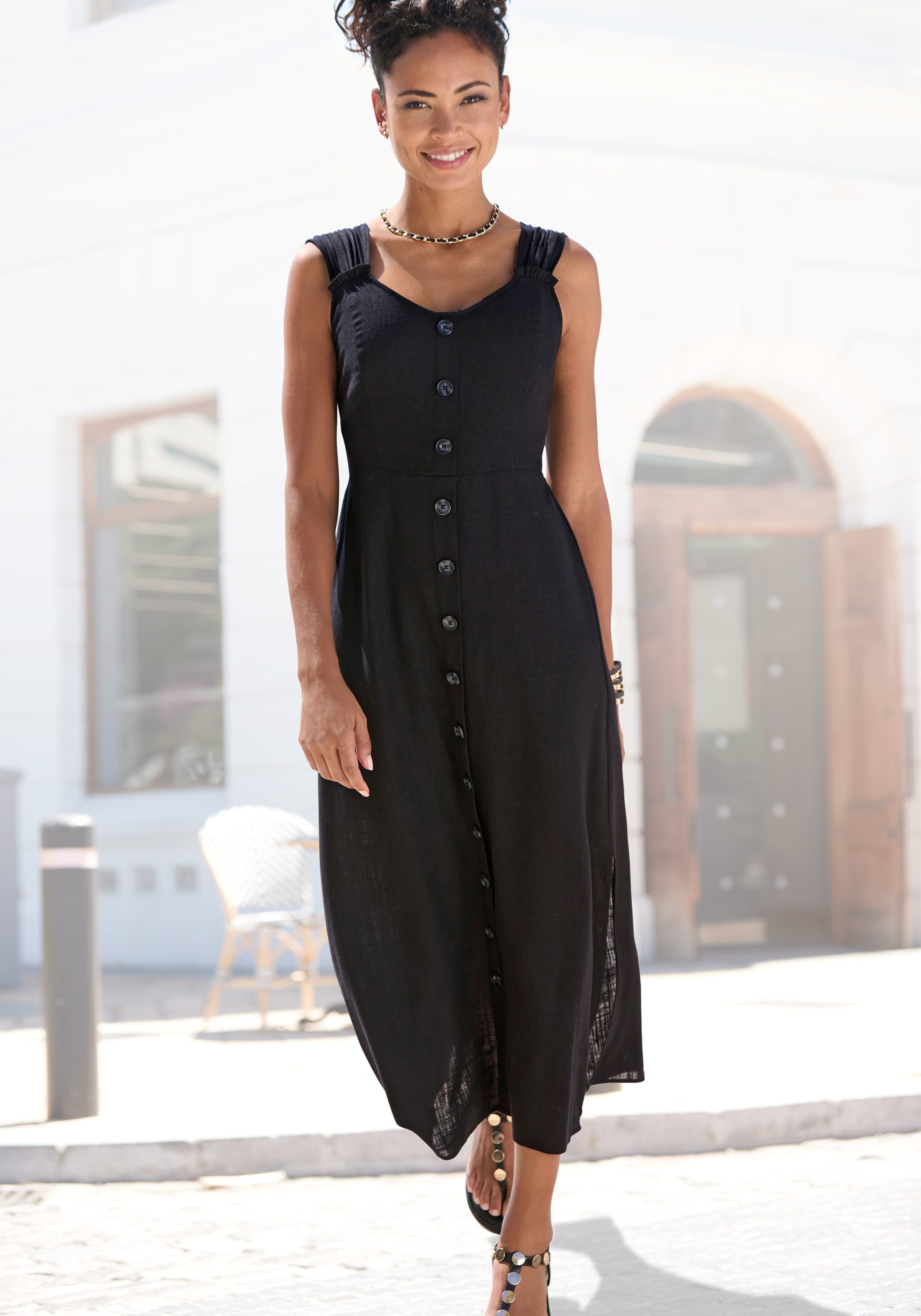 LASCANA Maxikleid mit breiten Trägern aus Webware mit Leinenanteil Elegantes Sommerkleid, Leinenkleid, Trägerkleid