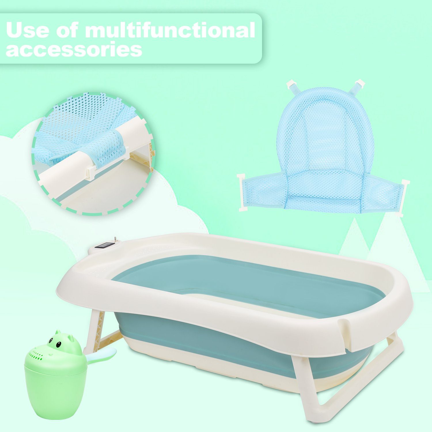 Lospitch Babybadewanne Baby Badewanne Faltbare Grün Ergonomische mit Kunststoff Babywanne kissen