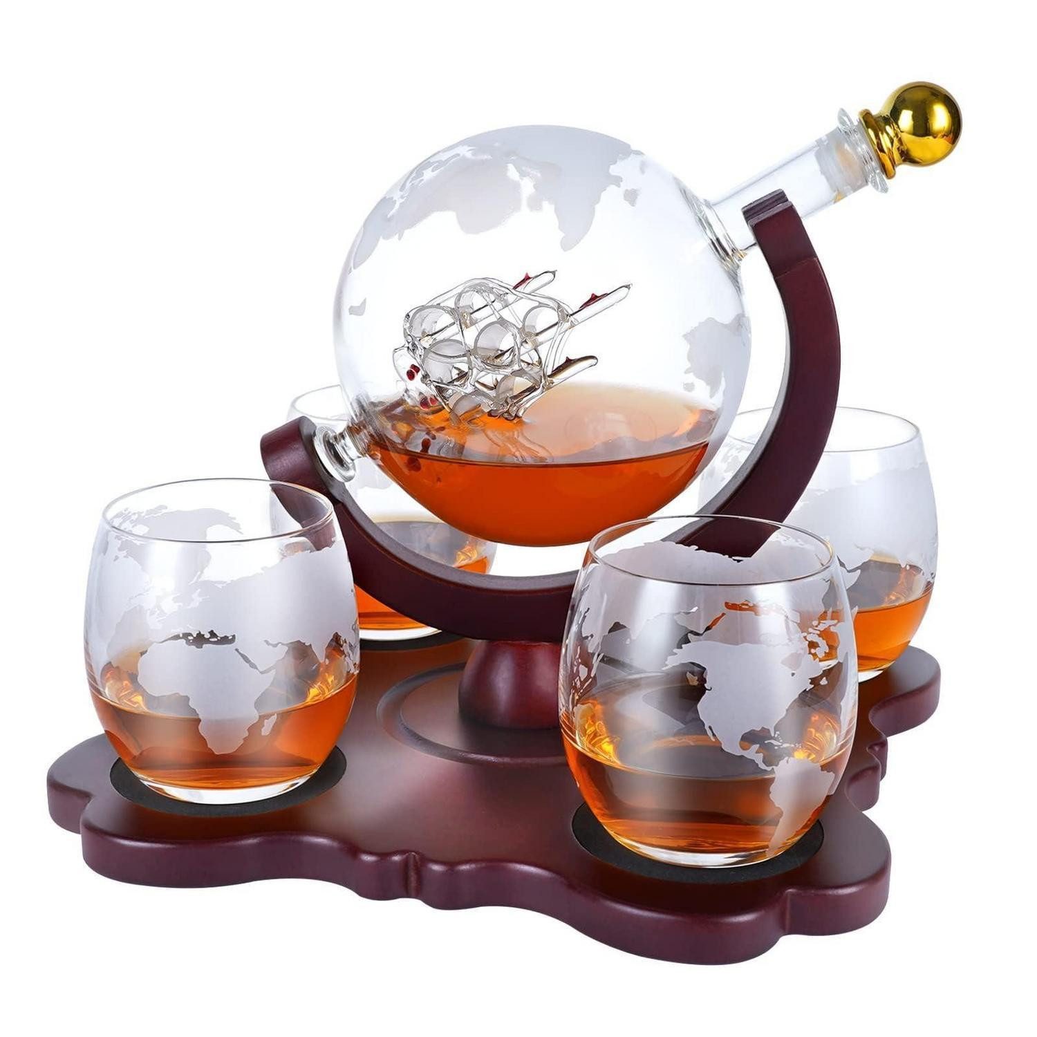LuxusKollektion Dekanter Whiskey Karaffe Set Globus 850ML mit 4 Gläsern
