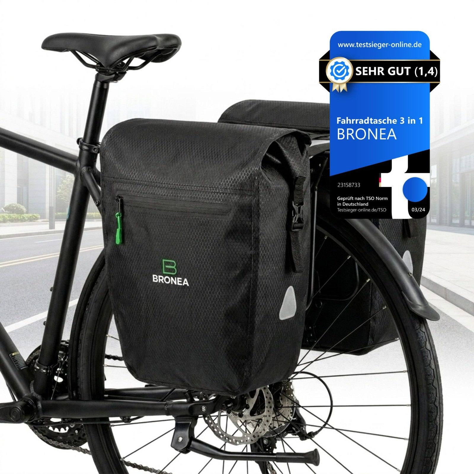 Bronea Fahrradtasche Doppel Fahrradtasche für Gepäckträger hinten 40 L (2x20 L) (Fahrrad Gepäckträgertasche, XXL-Fahrradtaschen für E-Bike & Fahrrad), 100% Wasserdicht, Refelektierende Elemente - Befestigung verstellbar