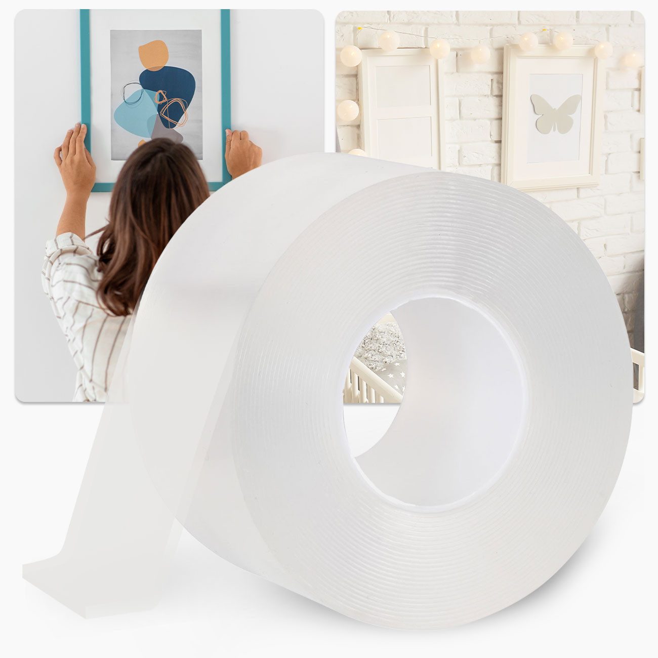 shop'n smile ideoon Klebeband Nano-Klebeband Doppelseitig Transparent (5m), 110g/cm² Haltekraft (1-St., 1er-/2er-Set) Doppelseitig, wiederverwendbar, transparent & rückstandslos ablösbar