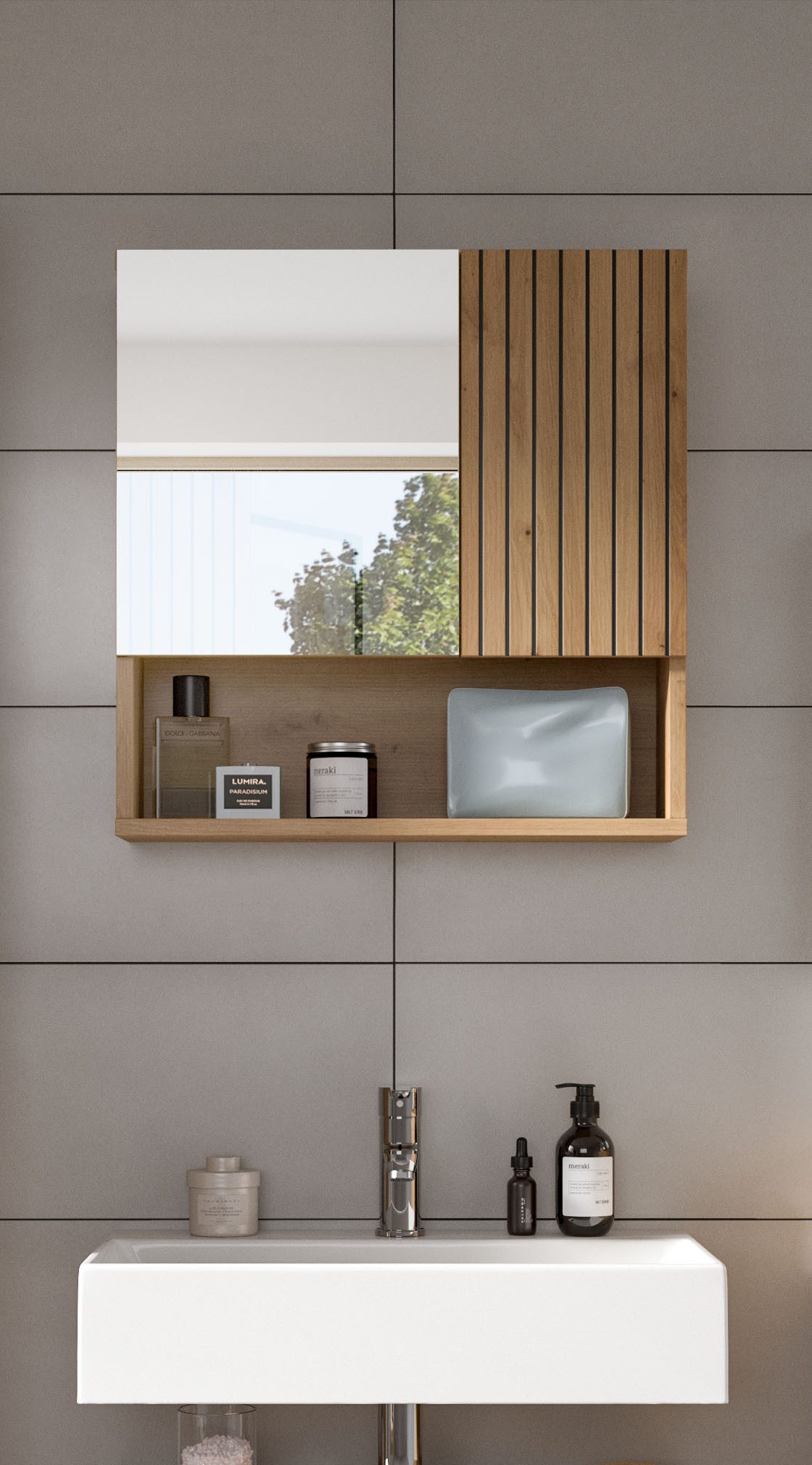 furnling Badezimmerspiegelschrank Molu (1-St) 1 Spiegeltür, 1 Tür, 1 offenes Fach, Paneeloptik, Breite 54 cm