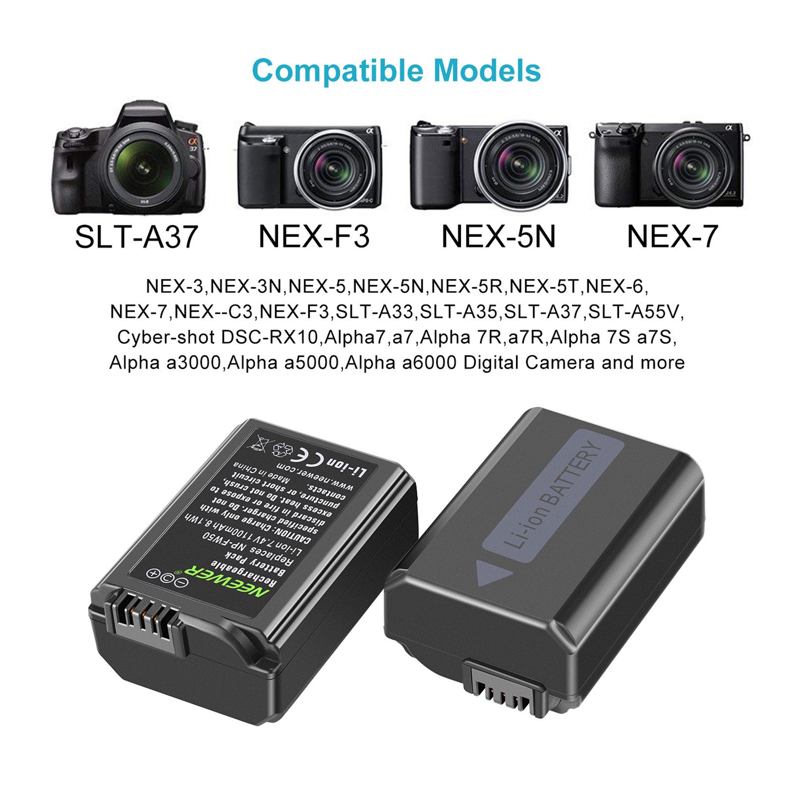 Neewer NP-FW50 2-Pack 1100mAh Camera Battery Charger Set, Micro USB Port Batterie-Ladegerät (Packung, Compatible with Sony ZV-E10, A7/A7R/A7 II/A6300/A3000, u.v – Bild 5 von 5