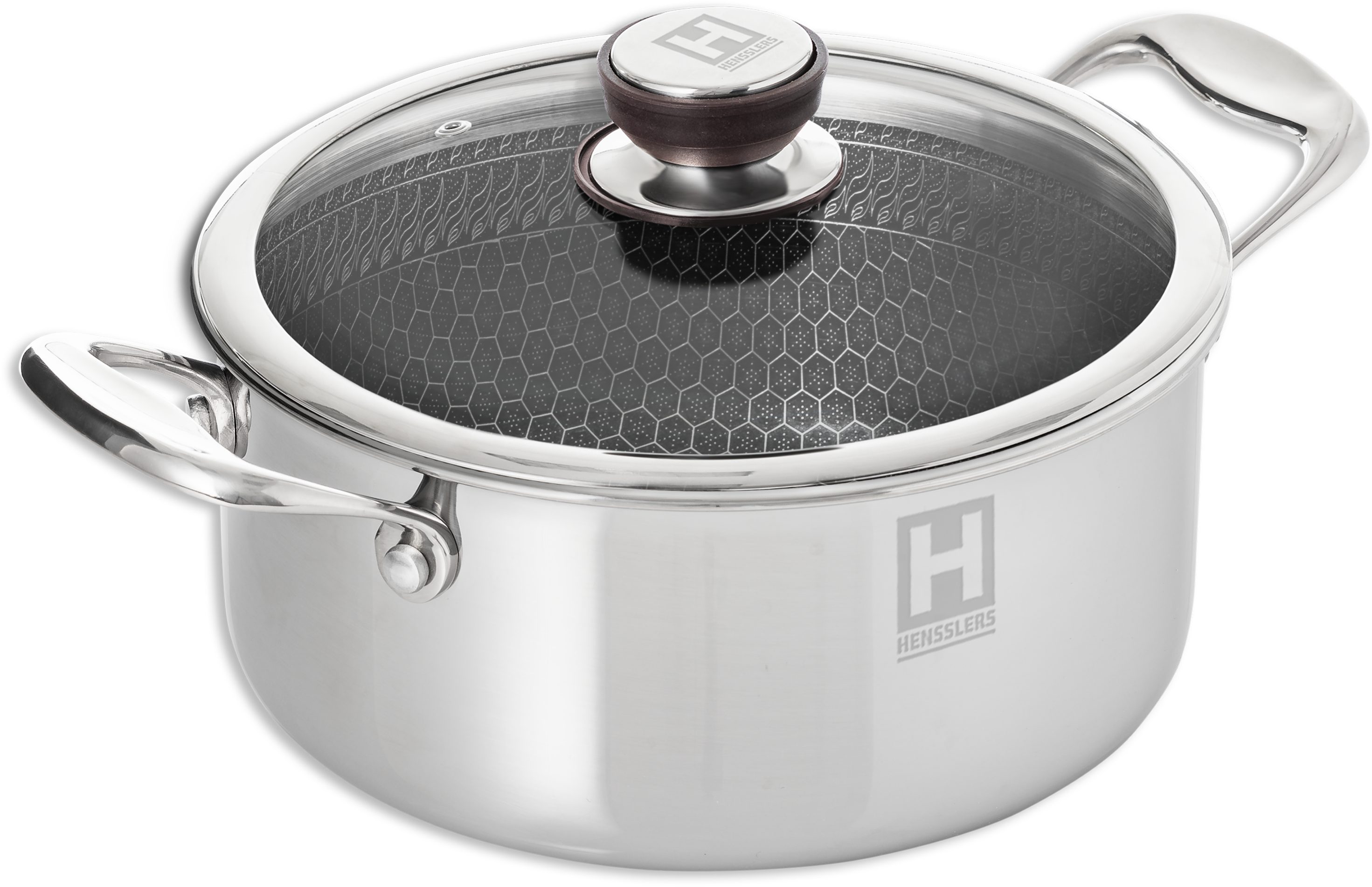 HENSSLERS Topf-Set, Edelstahl (Set, 5-tlg., 1 Universaltopf Ø 20 cm und Ø 24 cm mit Deckel, 1 Stieltopf 2,2 l), Mehrschichtmaterial für hohe Beständigkeit und Kratzfestigkeit