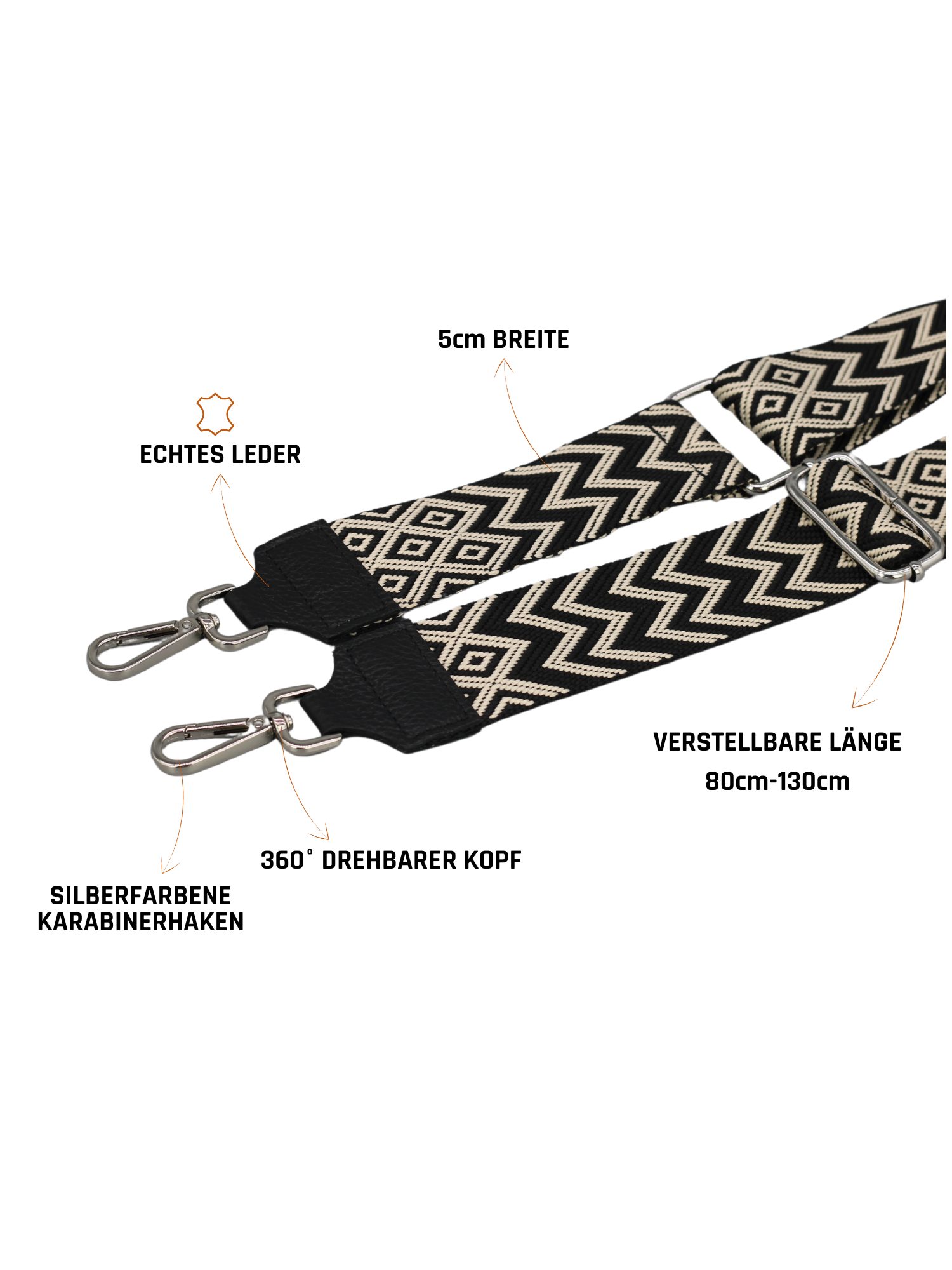 Adel Bags Schulterriemen Taschengurt Schwarz, Verstellbarer Taschenriemen, 5cm Breit hergestellt in Italien