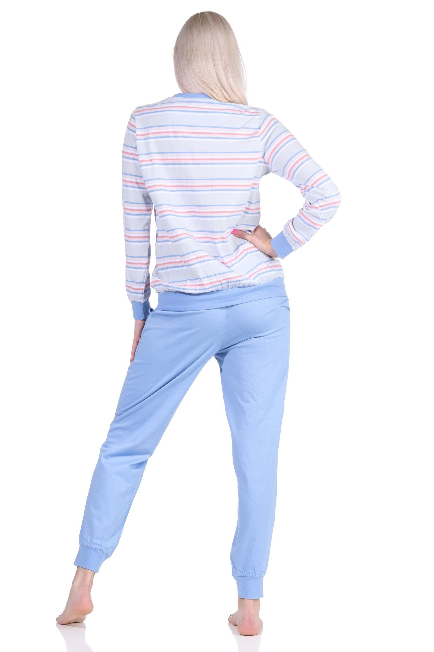 hellblau Look Pyjama mit in Normann Schlafanzug Damen langarm Bündchen pastellfarbenen Pyjama