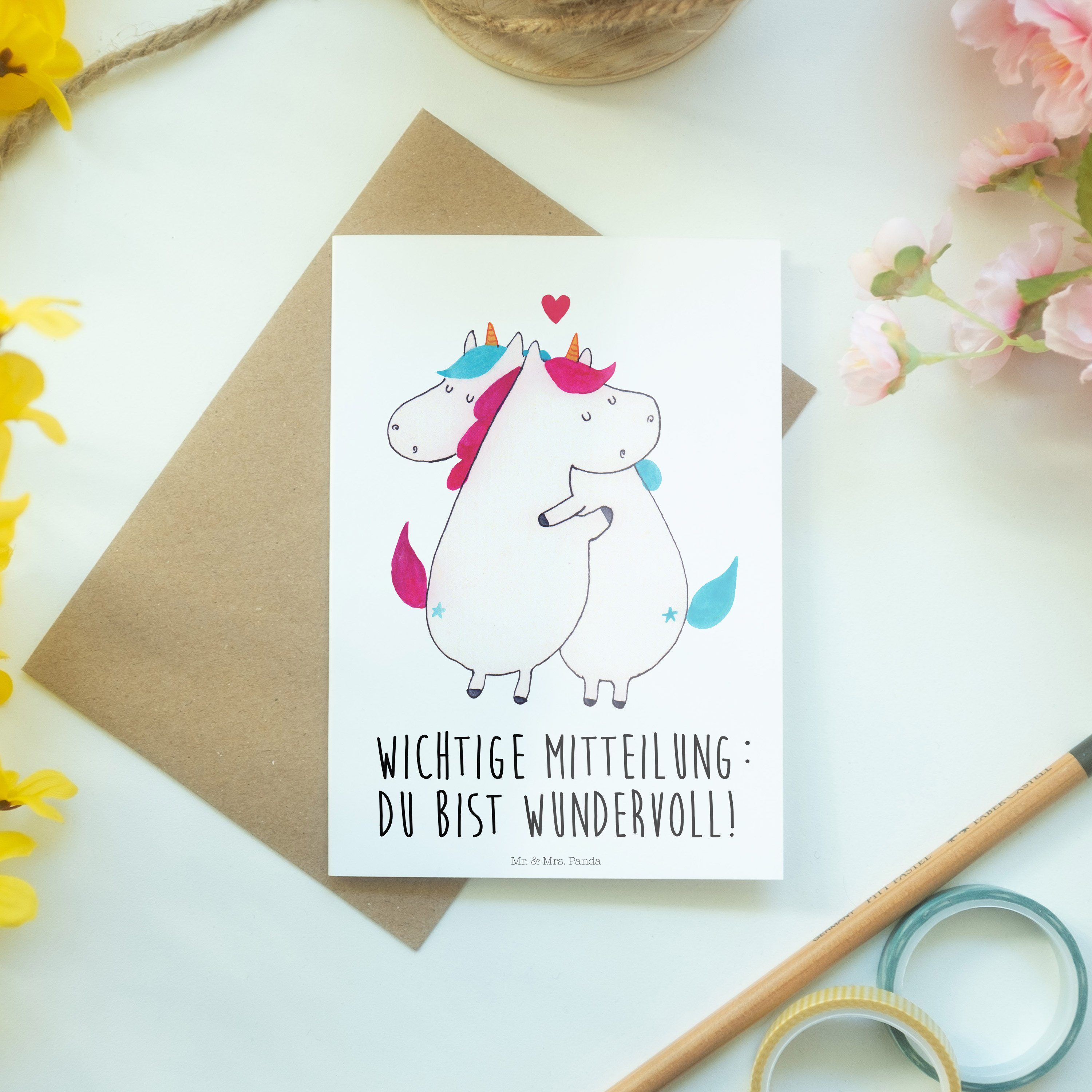 Mr. & Geschenk, Einhorn Pegasus, Kart Grußkarte - Mitteilung - Panda Mrs. Geburtstagskarte, Weiß