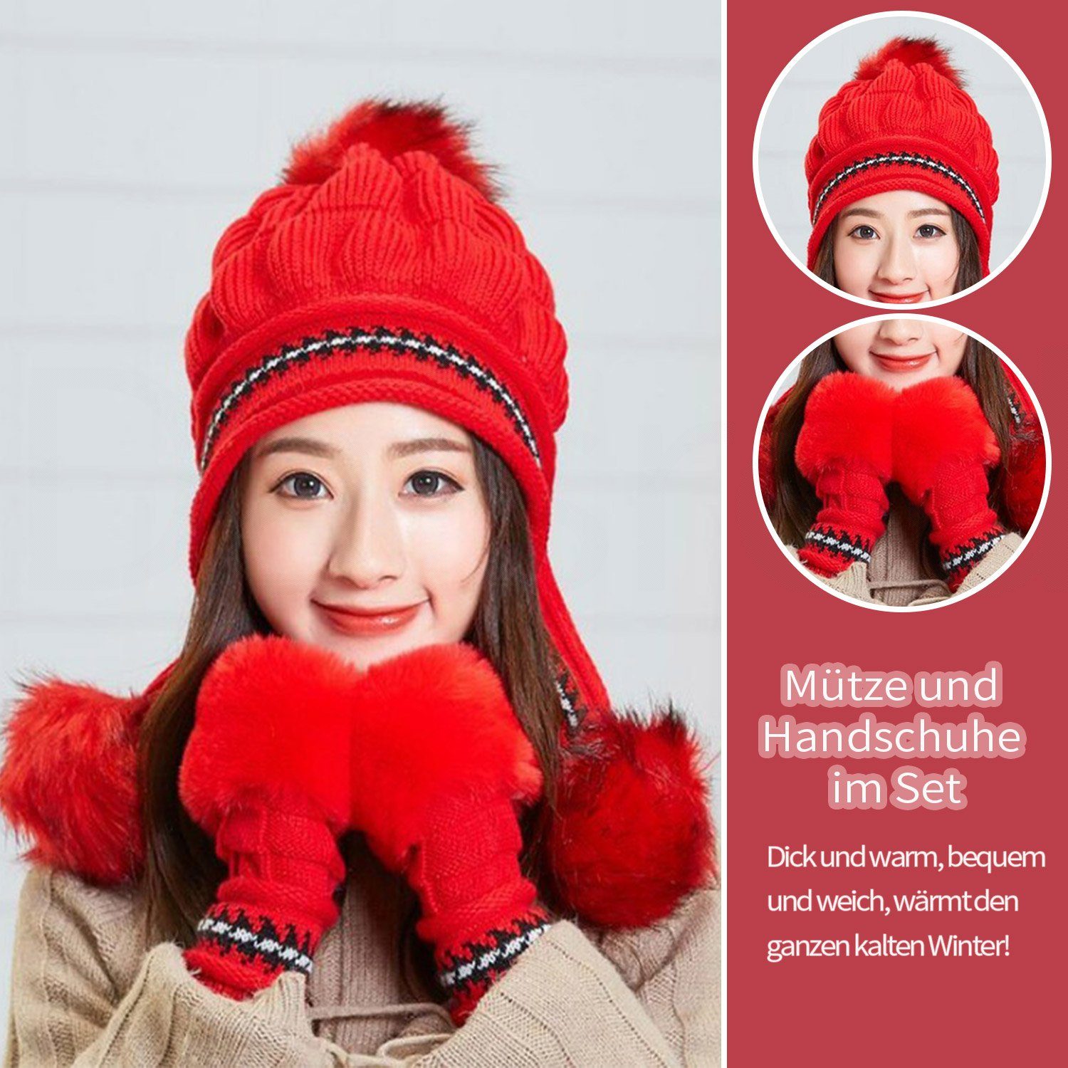 Handschuhe-Sets Warme und Gestrickte Daisred Bommelmütze Rot Damen-Weich Mütze