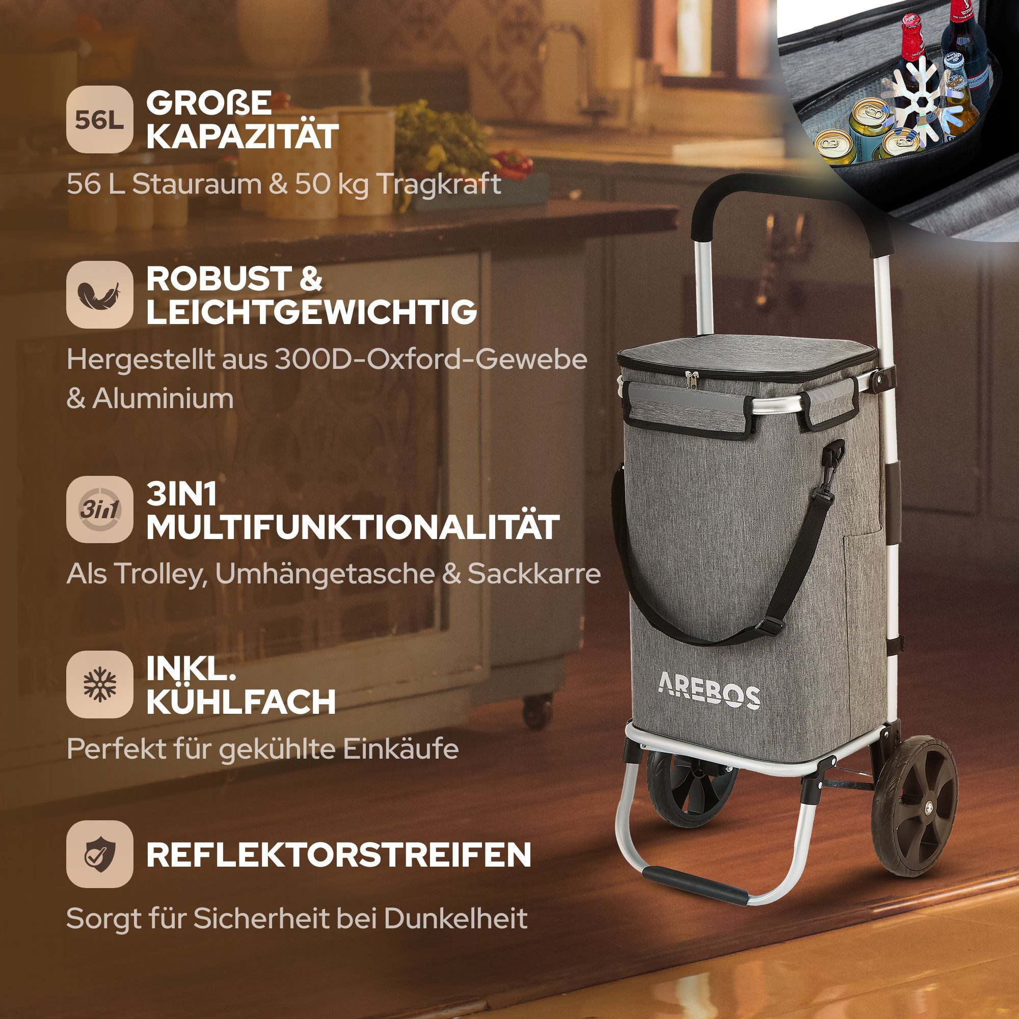 Arebos Einkaufstrolley 3-in-1 mit Kühlfach, klappbar 50 L & Tragkraft 50 kg, 56 l, integrierte Kühlfach