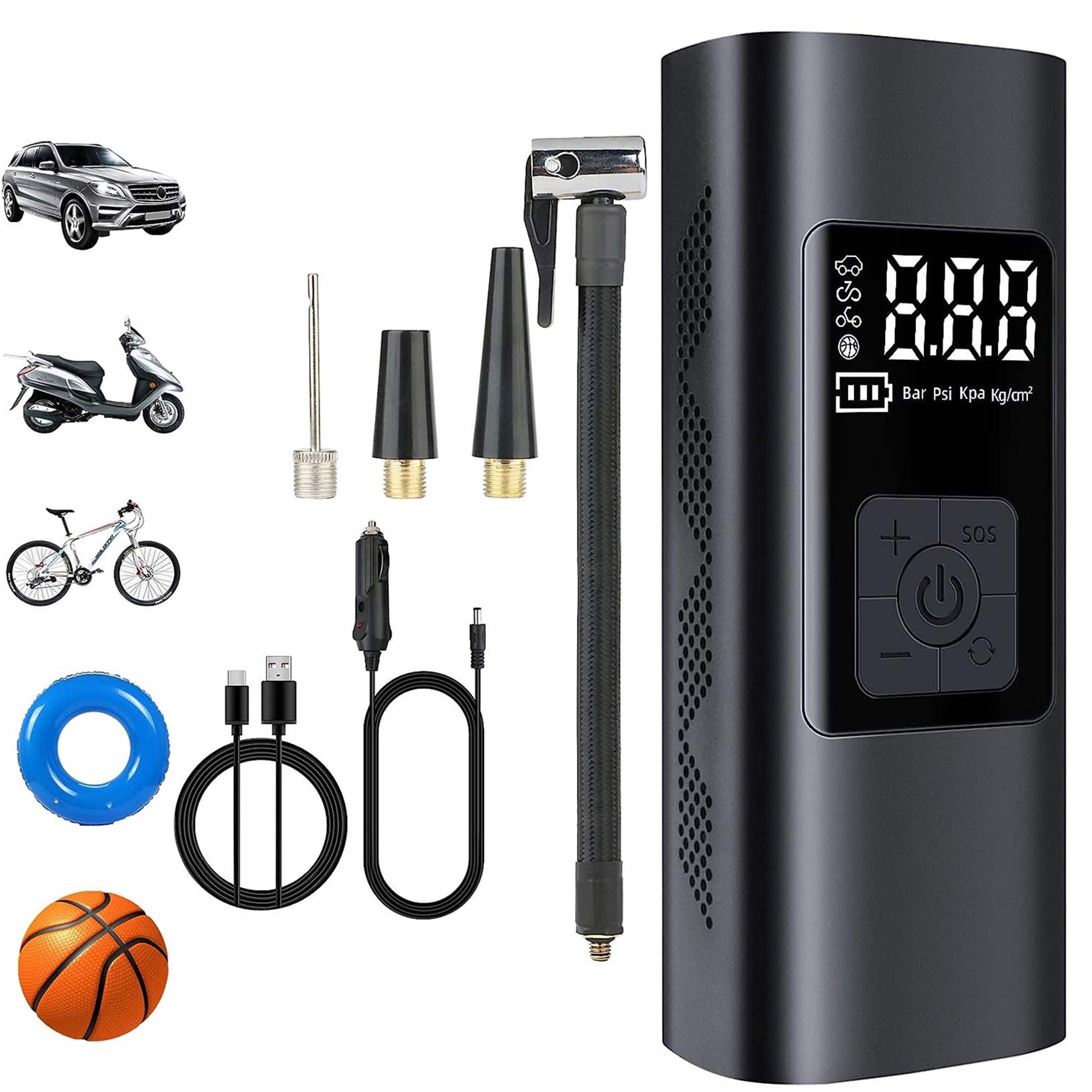 KINSI Akku-Luftpumpe Elektrische Luftpumpe,Fahrradpumpe Elektrisch, 6000mAh Akku Kompressor, SOS Rescue, wiederaufladbare Batterie, Lichter