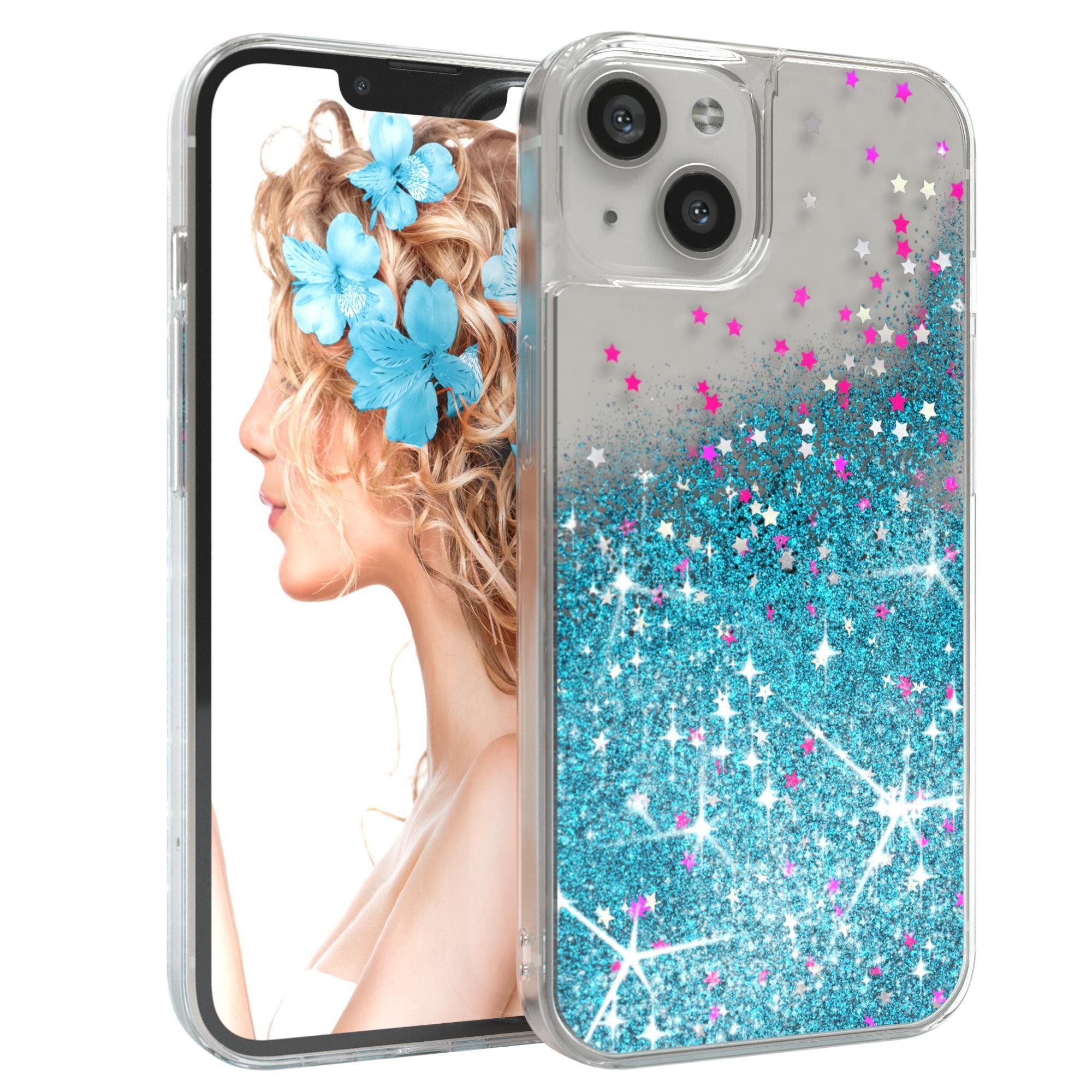 EAZY CASE Handyhülle Liquid Glittery Case für Apple iPhone 13 6,1 Zoll, Gloss Slimcover Girly Backcover Bling Phone Case kratzfeste Cover Blau