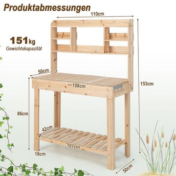 COSTWAY Pflanztisch, 3-stöckiges Langregal Ablageboden 3 Haken, 108x50x153cm