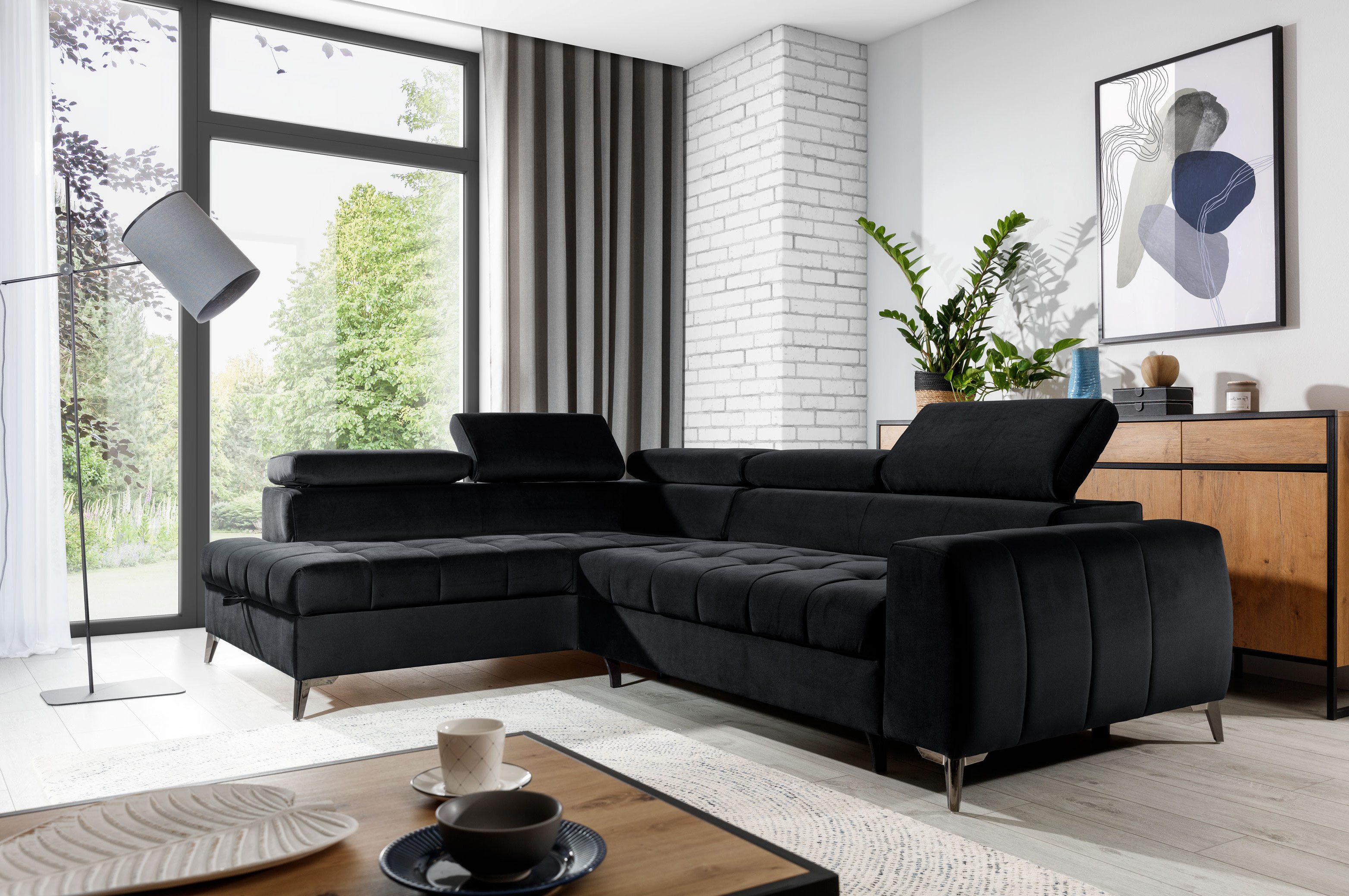 yourhouse24 Ecksofa Valerio mit Schlaffunktion & Bettkasten, 5 verstellbare Kopfstützen, Premium-Ecksofa mit T35-Schaum & Abperl-Effekt