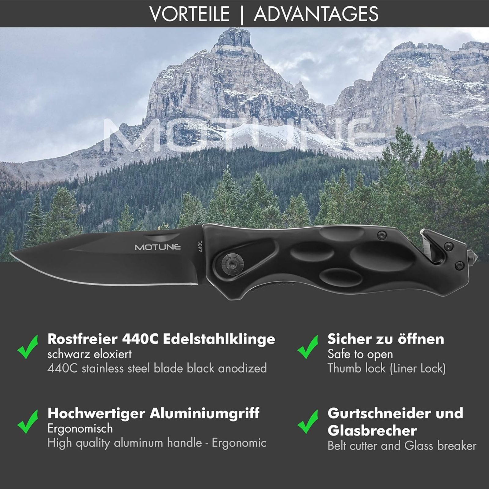 BURI Taschenmesser Klappmesser 3in1 Taschenmesser Outdoor Messer Zweihandmesser Edelstahl