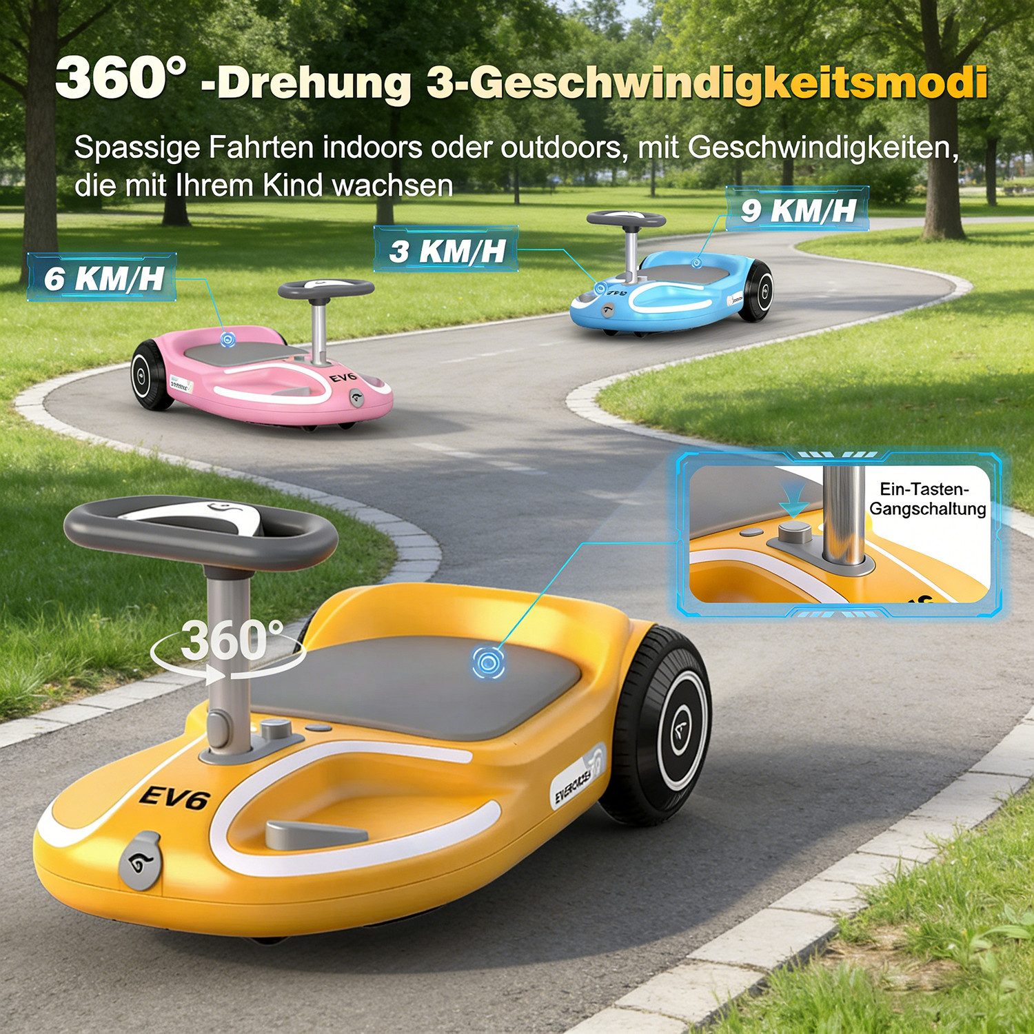 EVERCROSS TECH Elektro-Kinderauto EV6 Elektrisches Rutschauto mit 360°-Drehung & Bluetooth-Musik, 3-Gang-Modi, 25,2V Akku, Maximal 9 km/h,100+ Lichtmoden