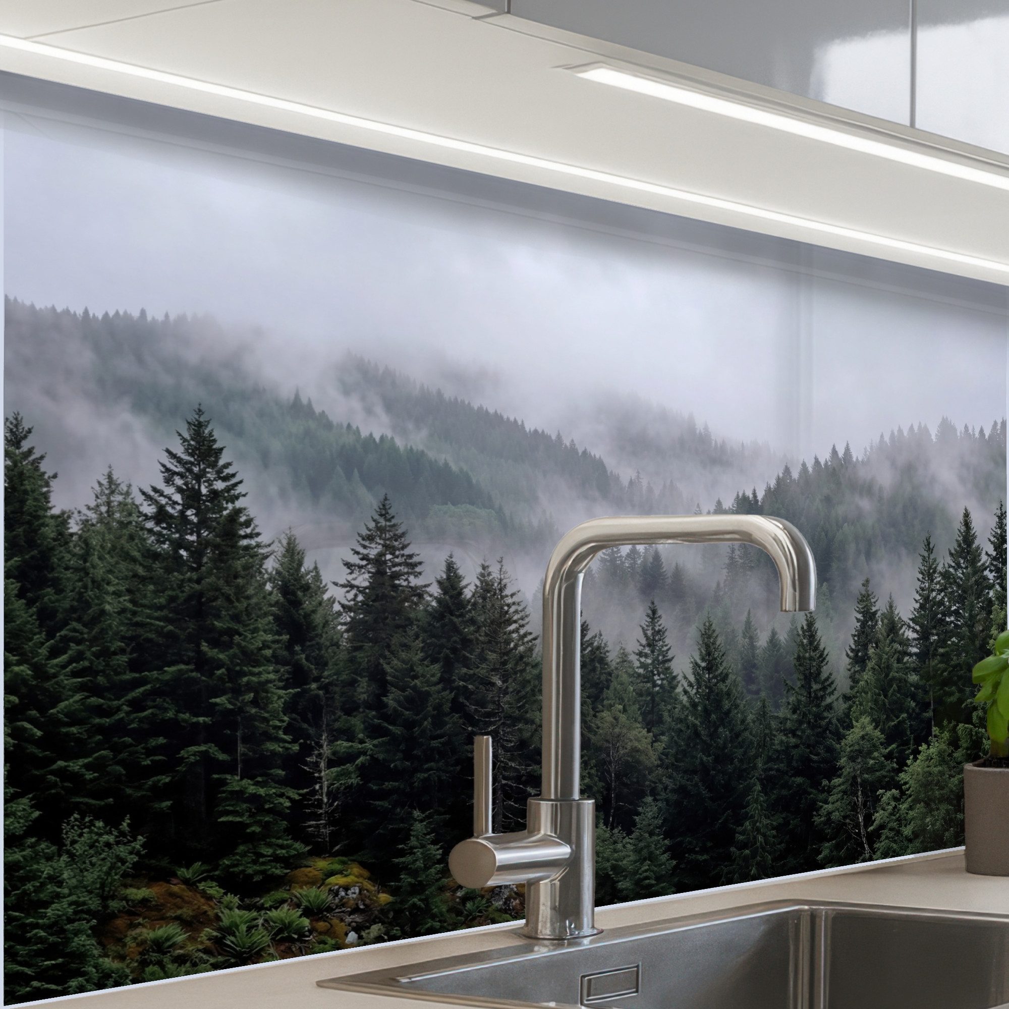 KitchenYeah Küchenrückwand Muster selbstklebend (keine Folie) Wald - Nebel - Bäume - Natur, (1-tlg), Spritzschutz, Küche, Rückwand, Küchenwand, Küchenfront, 30x20 cm