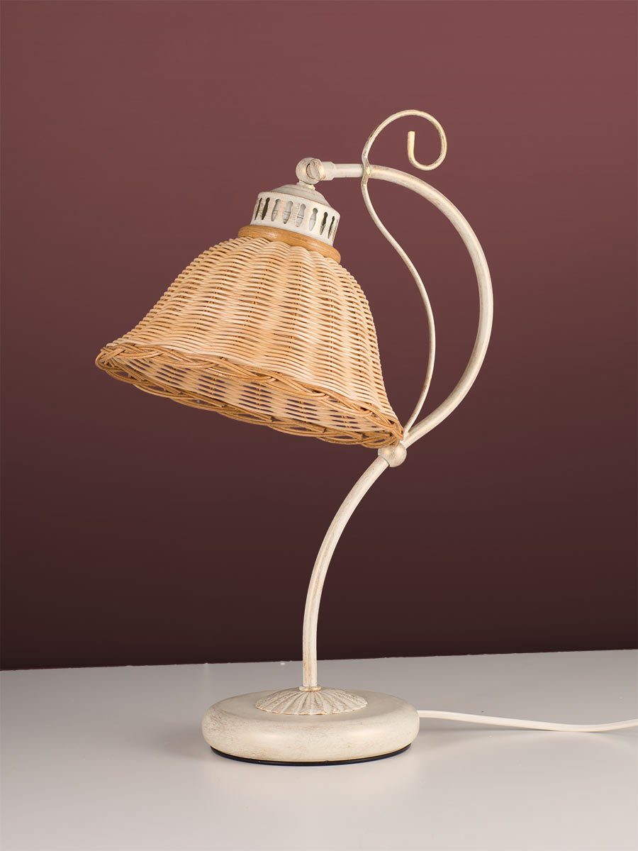 Rattan Leselampe, für antik Korbgeflecht Tischleuchte Nachttisch Tischlampe Rattanlampe Landhausstil, Schreibtisch Stil skandinavischer Leuchten Helios weiß