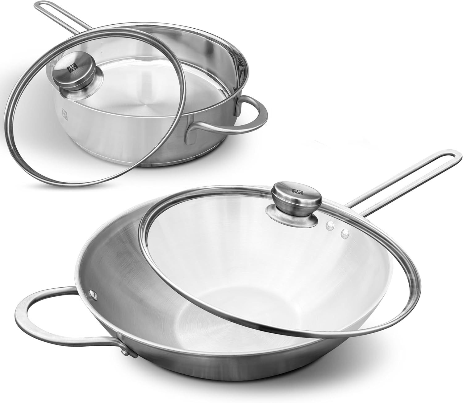 Zwilling Pfannen-Set Wokpfanne 30cm + Schmorpfanne 24cm mit 2x Deckel, Edelstahl, 4tlg., Antihaft, Kratzfest, für alle Herdarten