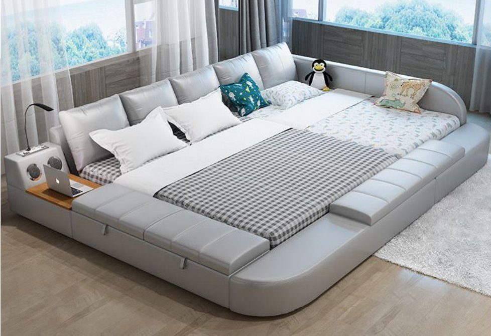 Multimediabett Multifunktion Sofa xxl Big Betten Boxen USB Hotel Leder Polster Beige