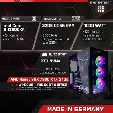 SYSTEMTREFF Gaming-PC (Intel Core i9 13900KF, Radeon RX 7900 XTX, 32 GB RAM, 2000 GB SSD, Wasserkühlung, Windows 11, WLAN)