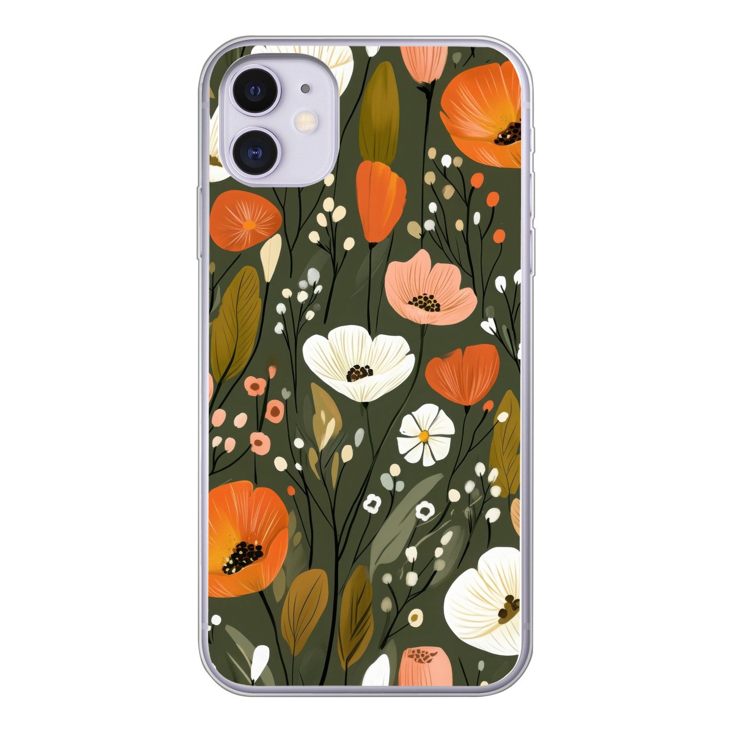 MuchoWow Handyhülle für Apple iPhone 11 Blumen - Illustration - Grün, Smartphone-Bumper, Print, Handy Schutzhülle Dünn
