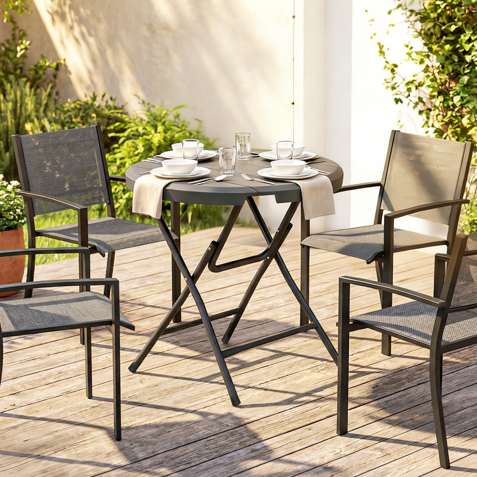 Outsunny Gartentisch Klapptisch rutschfest Buffettisch Campingtisch Schwarz (Beistelltisch für 4 Personen, 1-St., Runder Klapptisch), HDPE, Dunkelgrau