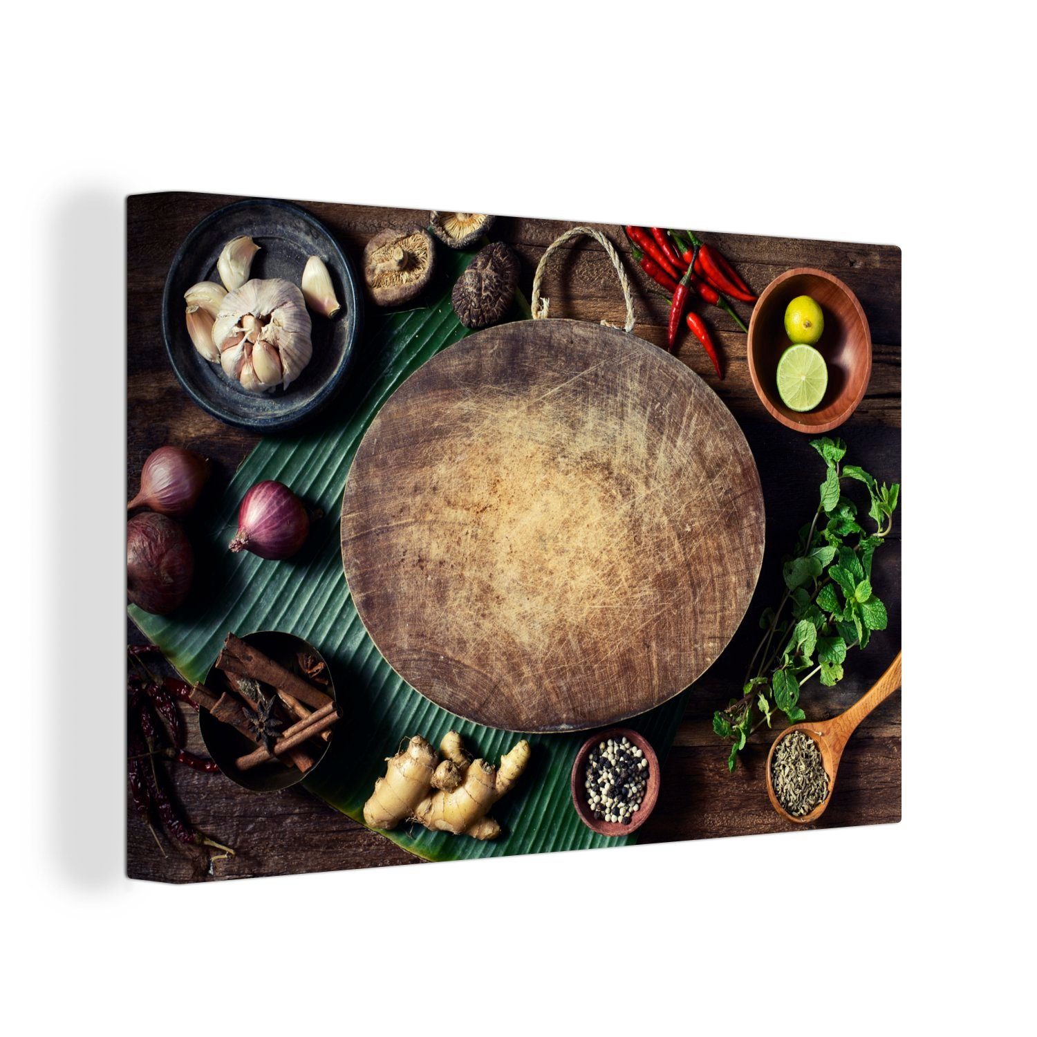 OneMillionCanvasses® Leinwandbild Ein Bild eines Schneidebretts mit rohem Gemüse drum herum, (1 St), Wandbild Leinwandbilder, Aufhängefertig, Wanddeko, 30x20 cm