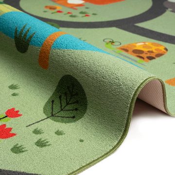 Kinderteppich Kinderteppich rutschfest Safari mit Tieren Straßenteppich grün, Teppich-Traum, rechteckig, Pflegeleicht und waschbar bei 30° (Schonwaschgang)