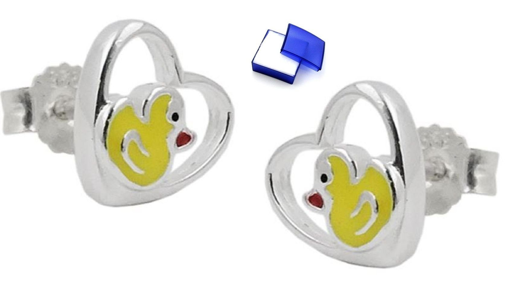 unbespielt Paar Ohrstecker Ohrstecker Ohrringe kleine Ente im Herz farbig lackiert 925 Silber 8 mm inklusive Schmuckbox, Silberschmuck für Kinder