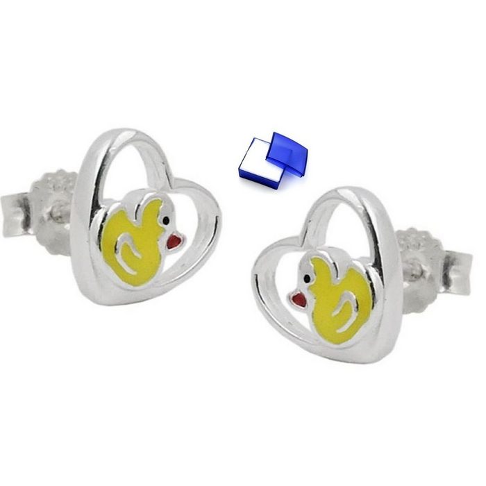 unbespielt Paar Ohrstecker Ohrstecker Ohrringe kleine Ente im Herz farbig lackiert 925 Silber 8 mm inklusive Schmuckbox Silberschmuck für Kinder