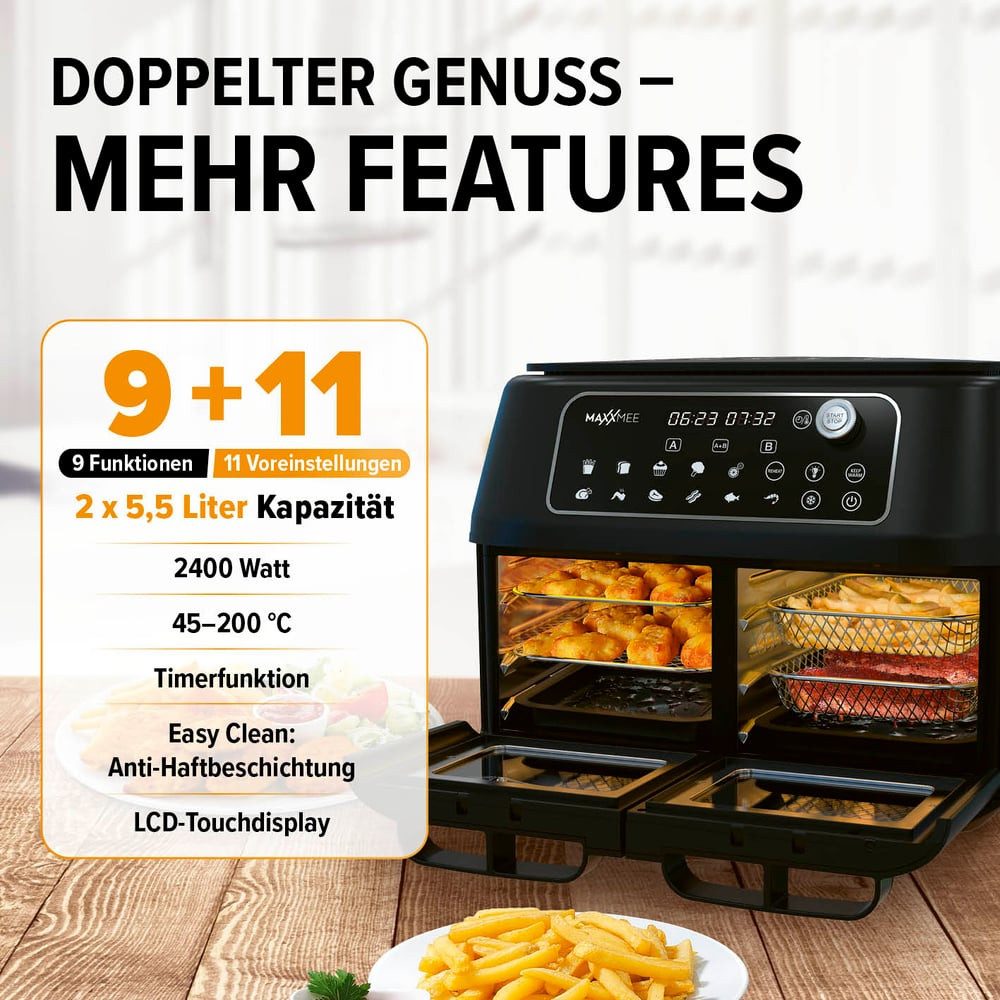 MAXXMEE Heißluftfritteuse Doppelkammer 11L 2 x 5,5l digitale Bedienung & Sichtfenster, 2400 W, besonders fettarm