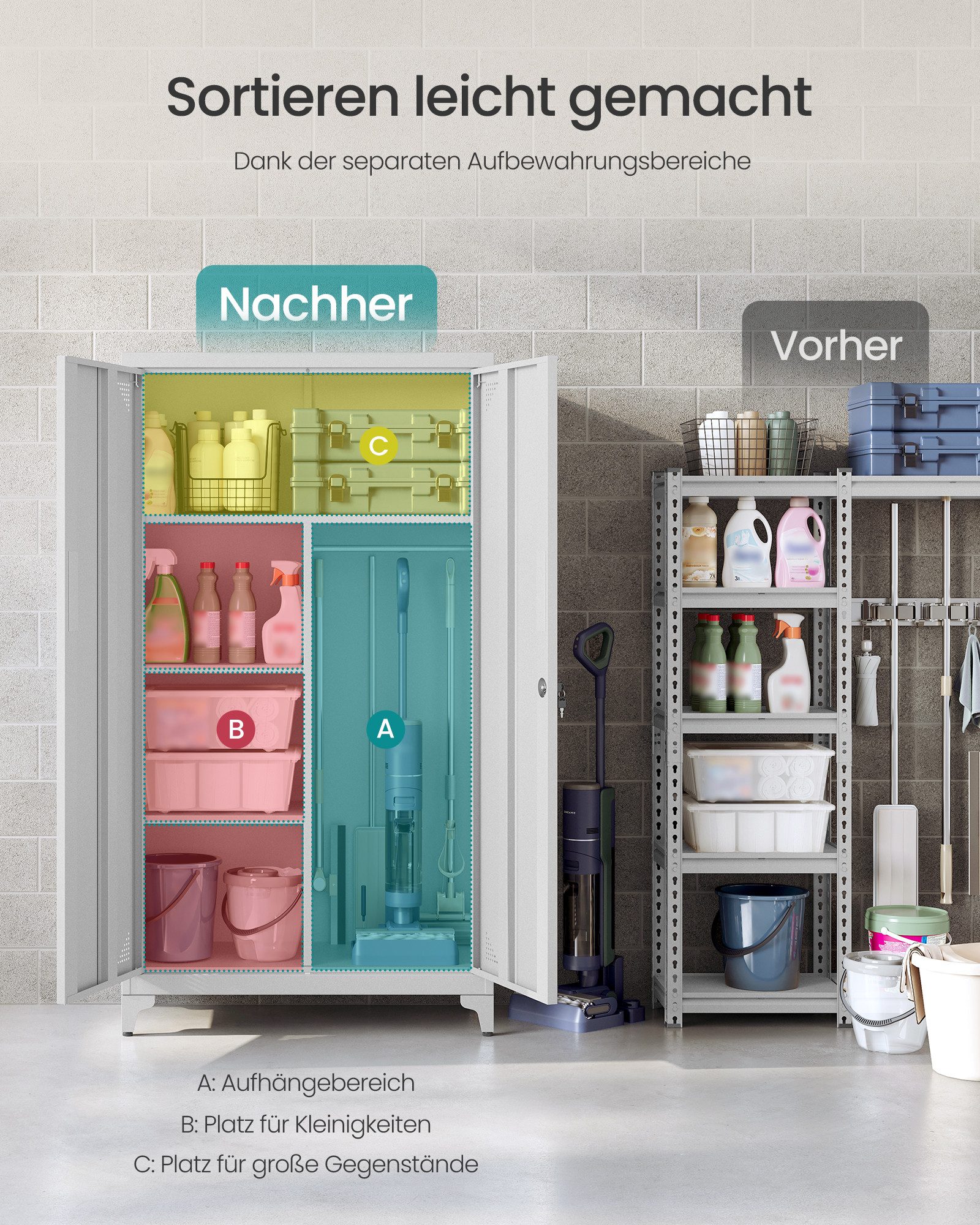 SONGMICS Aktenschrank Mehrzweckschrank, Garderobenschrank, Aufbewahrungsschrank Metallschrank, mit 5 Fächern, Hängestange, abschließbar, hohe Füße