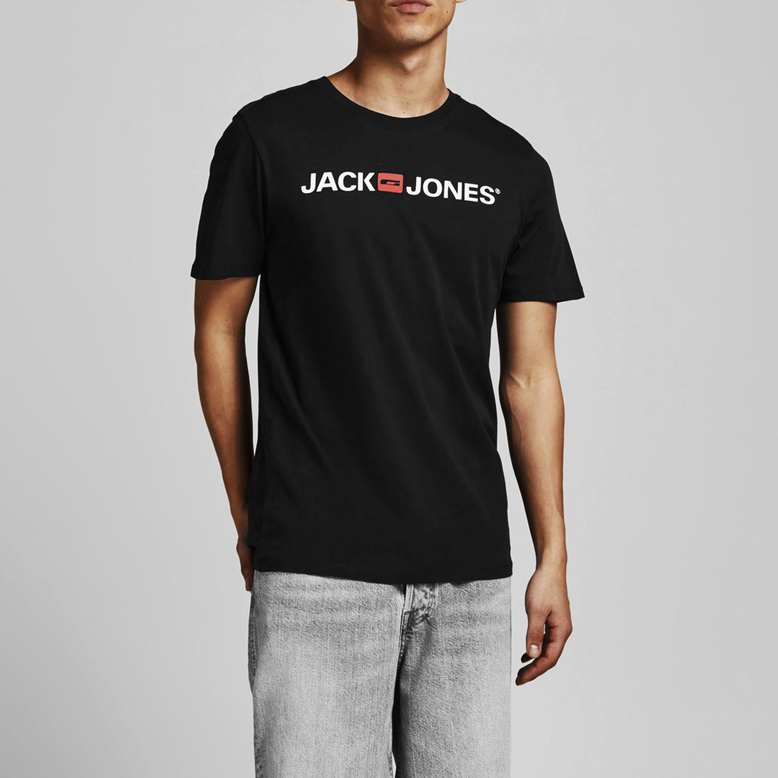 Jack & Jones / black black Neck black T-Shirt Markenschriftzug Pack Crew mit Tee / Logo 3er