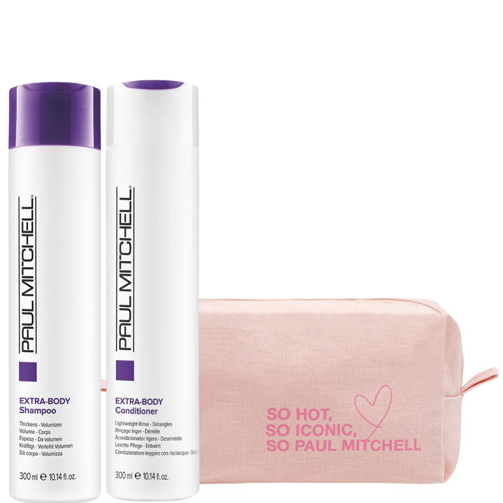PAUL MITCHELL Haarpflege-Set Extra-Body Duo mit Kosmetiktasche – Shampoo & Conditioner, 3-tlg., Mehr Fülle für feines Haar