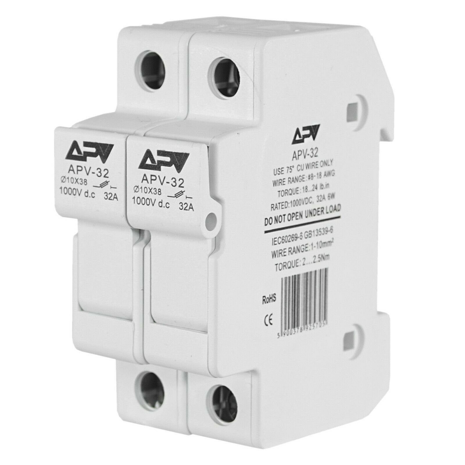 APV Zylindersicherungshalter, 32 A, PV Sicherungshalter 2-polig 1000V DC für 10x38mm Sicherung Sicherungshalter - 2-polig | Sicherungshalter