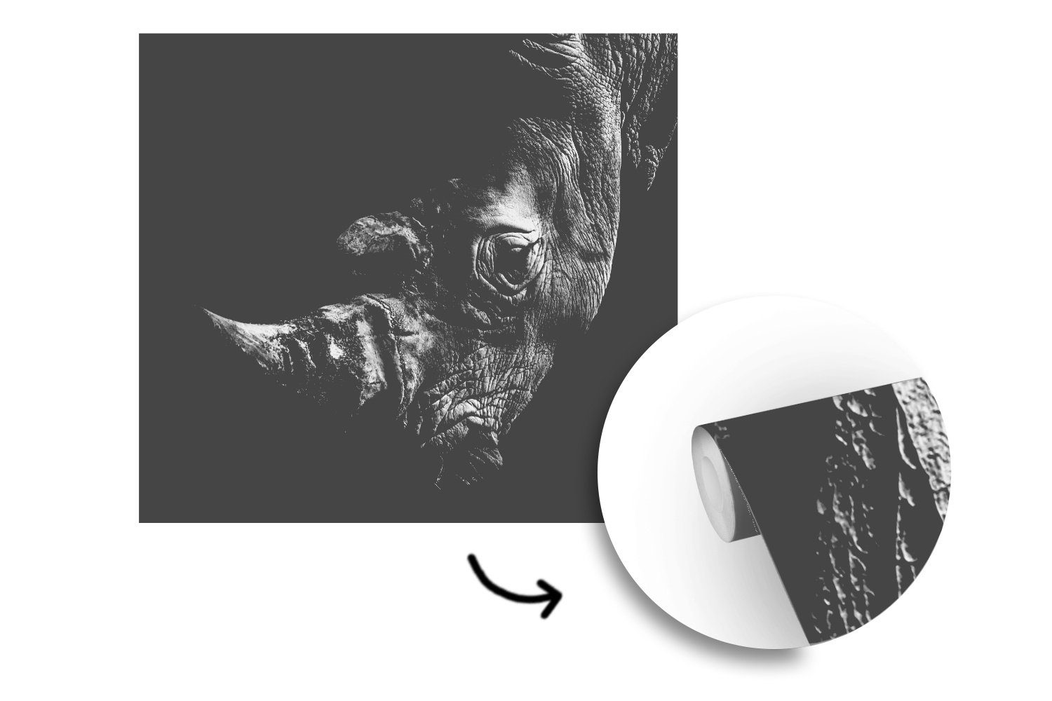 MuchoWow Fototapete St), für Weiß, Schwarz Matt, Vinyl - - Tapete (5 Wandtapete bedruckt, oder Tier Wohnzimmer - Rhinozeros Schlafzimmer