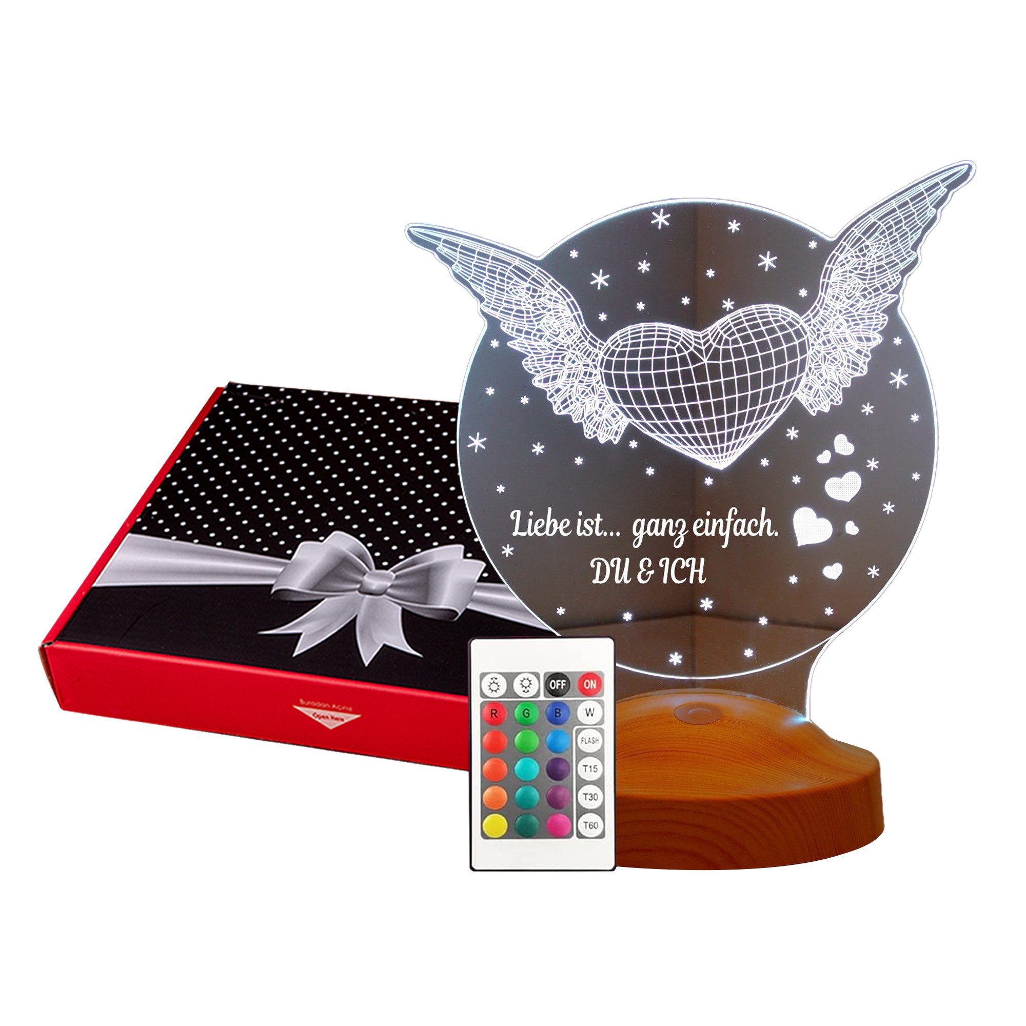 Geschenkelampe Nachttischlampe Fliegendes Herz 3D mehrfarbige Nachtlicht Hochzeitsgeschenk, Leuchte 7 Farben fest integriert, Valentinstagsgeschenk für Ehefrau, Sie, Partner, Freundin