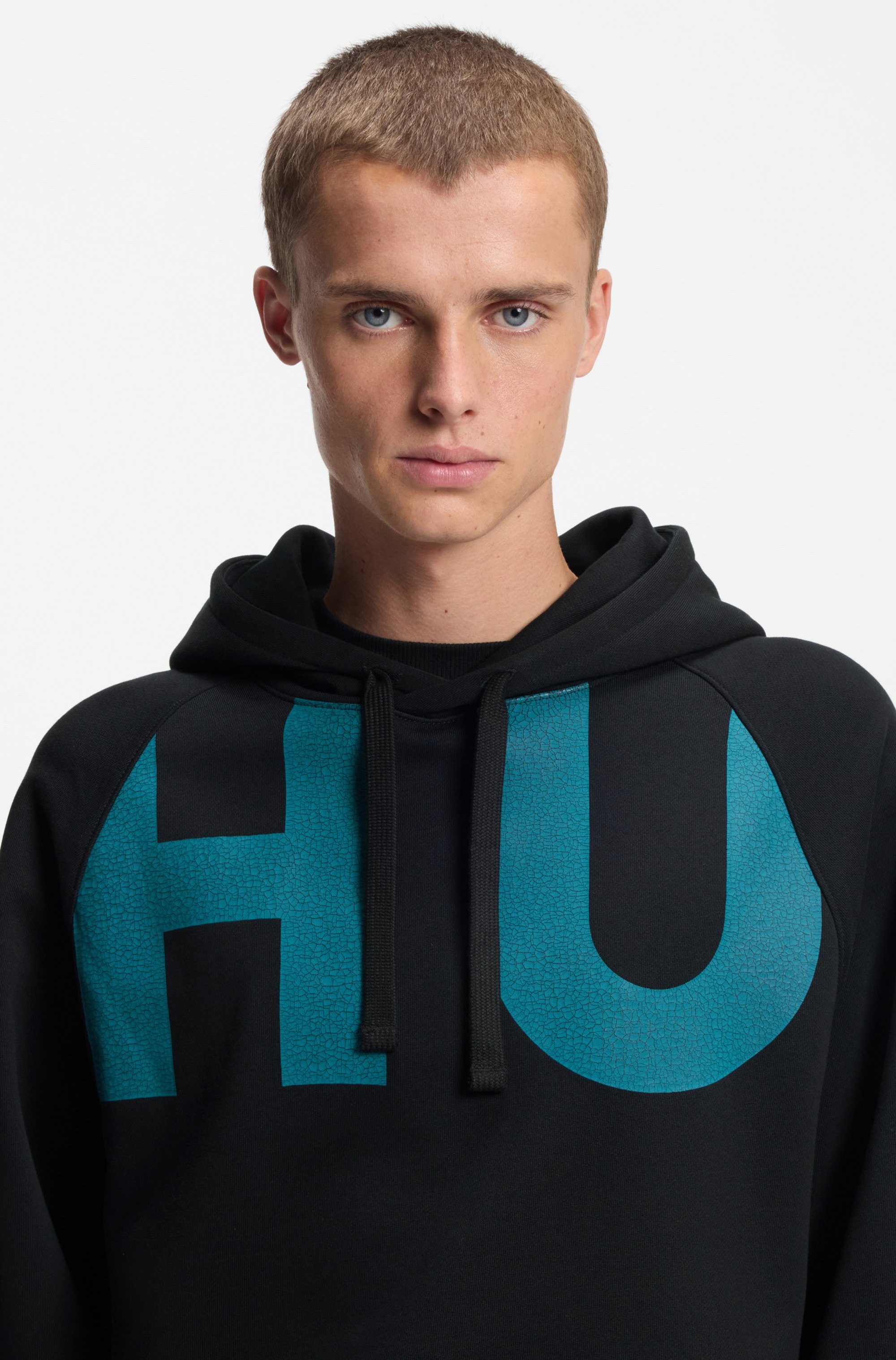 HUGO Hoodie Loose Fit, Druck vorne und hinten, Kapuze mit Kordelzug, Kängurutasche