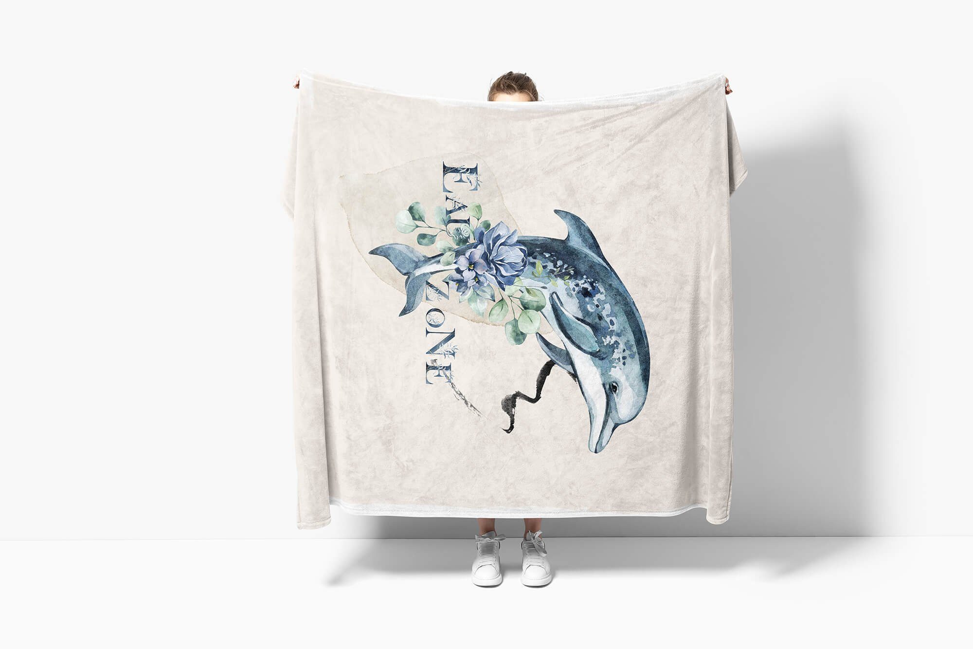Delfin Blumen Handtücher Kunstvoll Handtuch Art Baumwolle-Polyester-Mix Strandhandtuch Motiv, Sinus (1-St), Ozean Saunatuch Kuscheldecke Handtuch