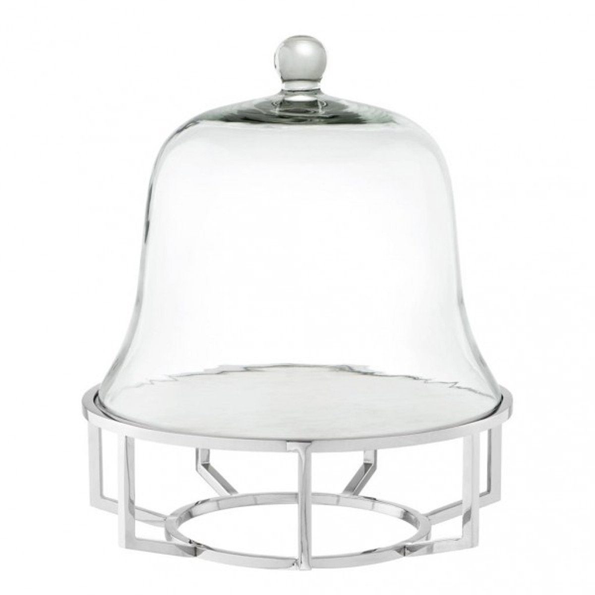 Casa Padrino Dekoobjekt Luxus Art Deco Kuchenglocke Edelstahl vernickelt mit weißem Marmor und Glasdeckel - Kuchen Ständer
