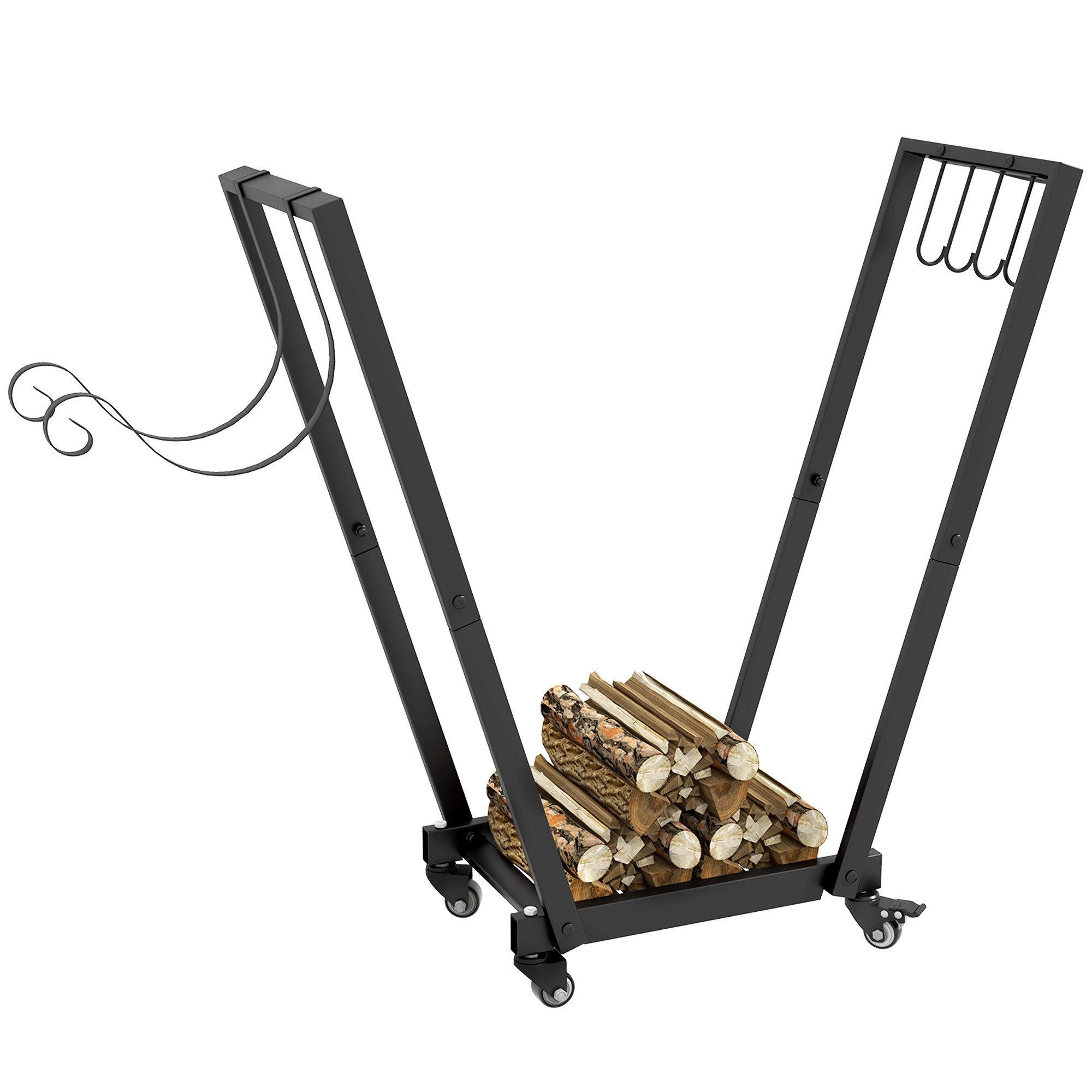 Outsunny Kaminholzregal Brennholzregal mit Rollen, Anzündholz- und Werkzeughaken, BxTxH:79x30x81 cm, (Kaminholzunterstand, 1-St., Feuerholzregal), Schwarz