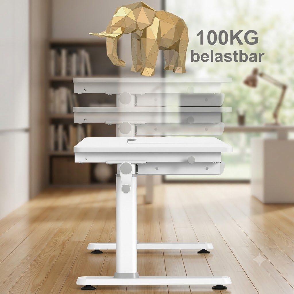 HOKO Kinderschreibtisch höhenverstellbar für Kinderzimmer (Tisch-Stuhl-Set, mit blendfreier Tischplatte und 2 Schubladen, 360° drehbar Stuhl), 120x60 cm, dynamisch mitbewegender Stuhl, Weiß-Grün, LEVI & ELIN