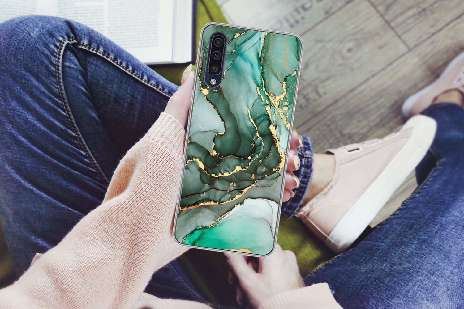 MuchoWow Handyhülle für Samsung Galaxy A30s Gold - Marmor - Grün - Luxus - Marmoroptik - G, Smartphone-Bumper, Print, Handy Schutzhülle Dünn