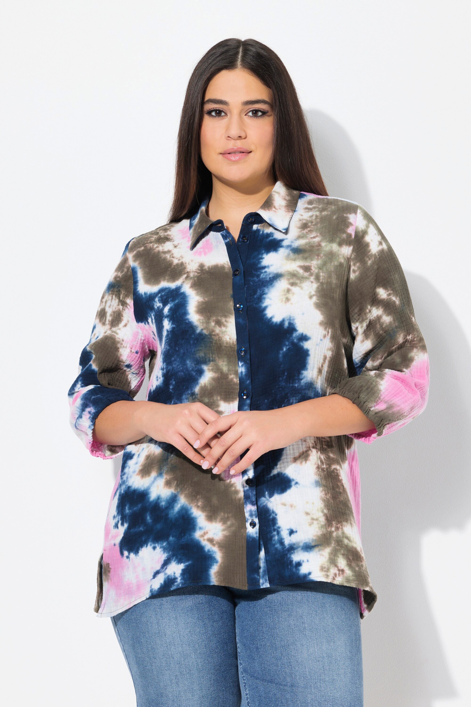Ulla Popken Longbluse Musselin-Bluse Batikdruck Hemdkragen 3/4-Arm günstig online kaufen