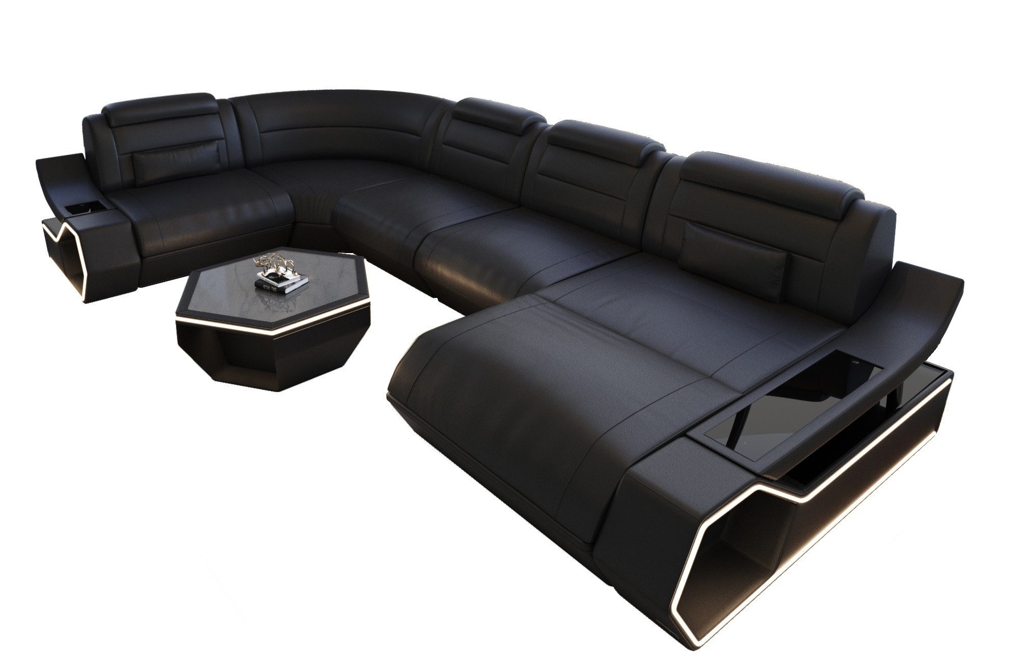 Sofa Dreams Wohnlandschaft Leder Couch Sofa Toscano U Form Ledersofa, LED Beleuchtung