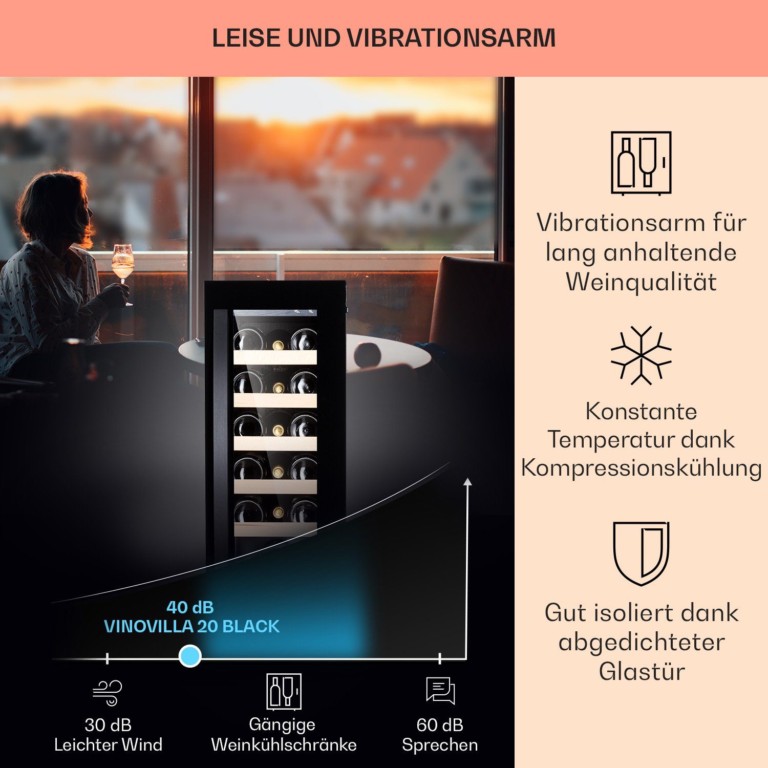 Klarstein Weinkühlschrank Vinovilla 20 Built-In, für 20 Standardflaschen á 0,75l,Wein Flaschenkühlschrank Weintemperierschrank Weinschrank Kühlschrank
