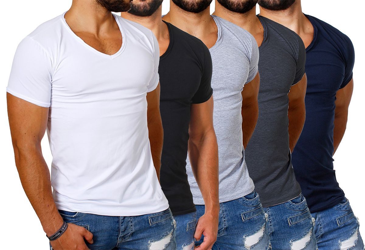 CARISMA T-Shirt Herren Uni Basic 4066 tief-breit geschnittener Ausschnitt vintage Look V-Ausschnitt unifarben kurzarm slim fit